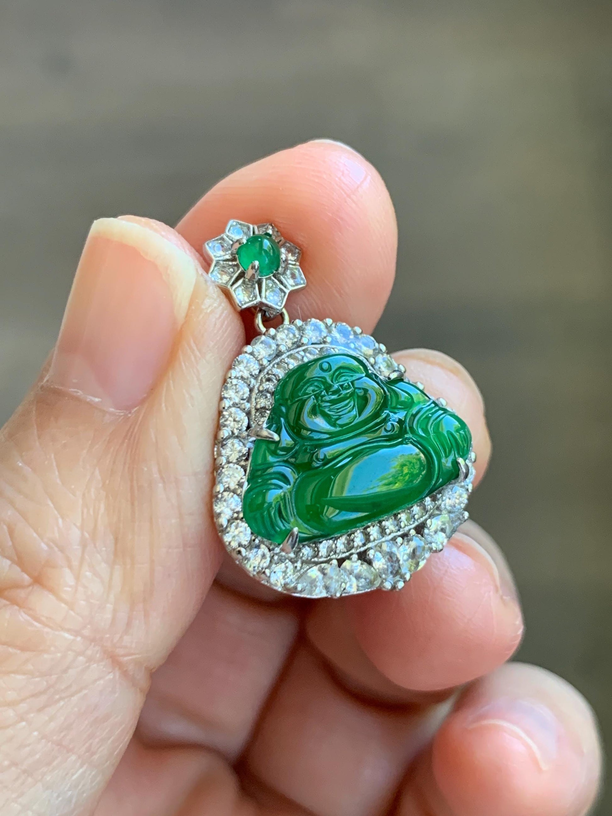 Certified Natural Grade A Guatemalan Icy Translucent Vibrant Green Jade Jadeite Buddha Pendant Sterling Silver 5.11g 天然冰危绿翡翠佛公吊坠 442