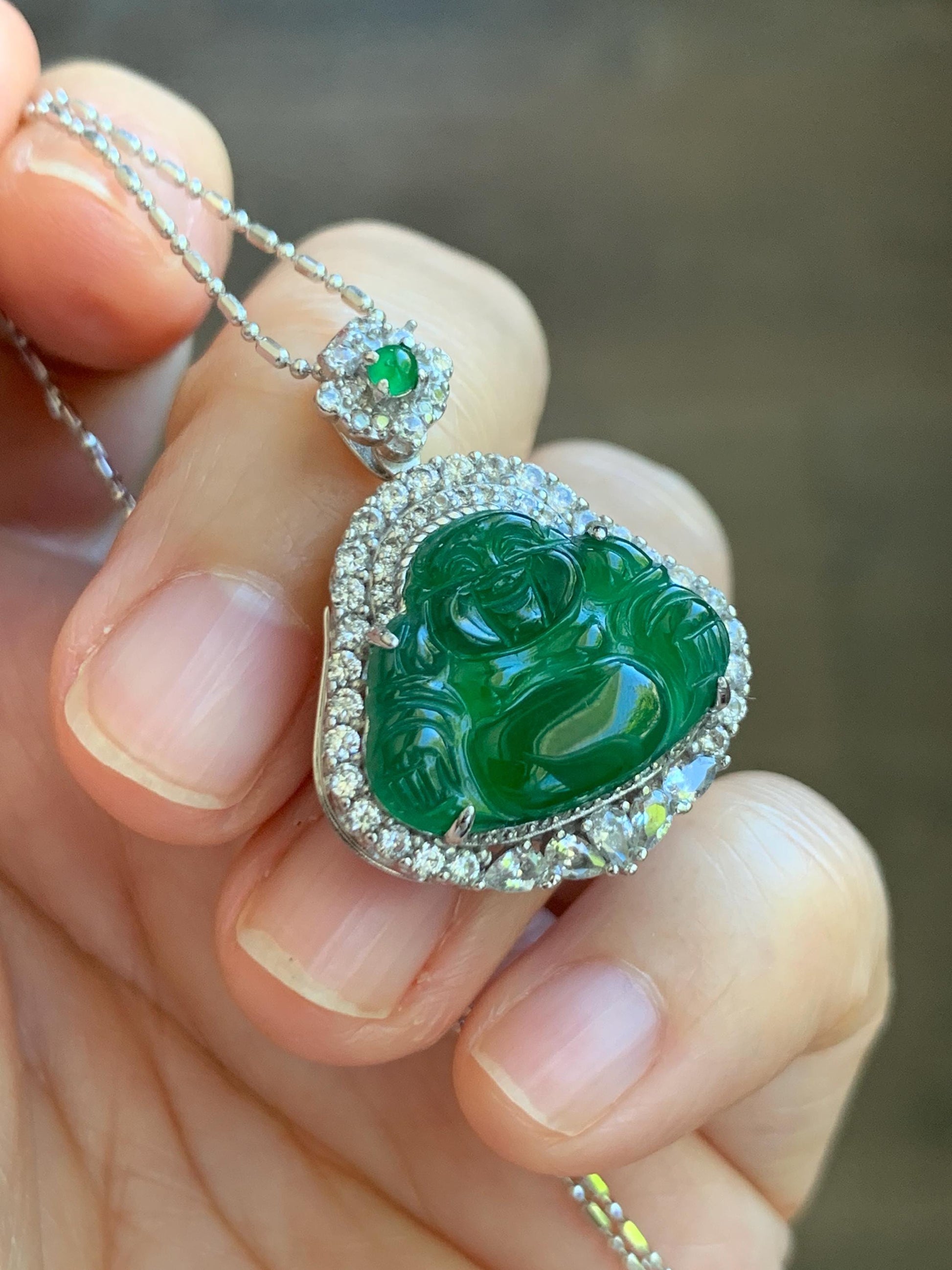 Certified Natural Grade A Guatemalan Icy Translucent Vibrant Green Jade Jadeite Buddha Pendant Sterling Silver 5.68 天然冰危绿翡翠佛公吊坠 441