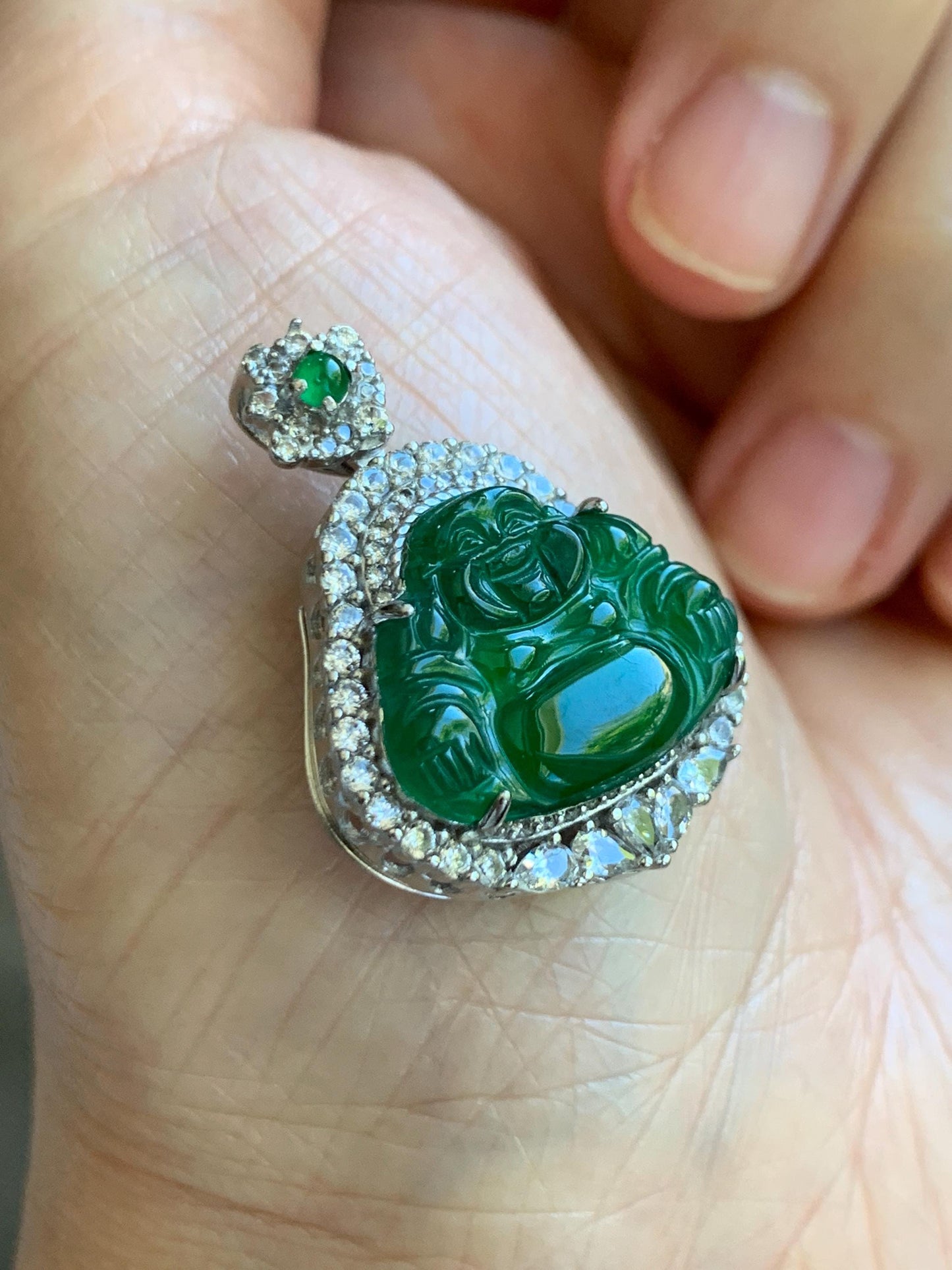 Certified Natural Grade A Guatemalan Icy Translucent Vibrant Green Jade Jadeite Buddha Pendant Sterling Silver 5.68 天然冰危绿翡翠佛公吊坠 441