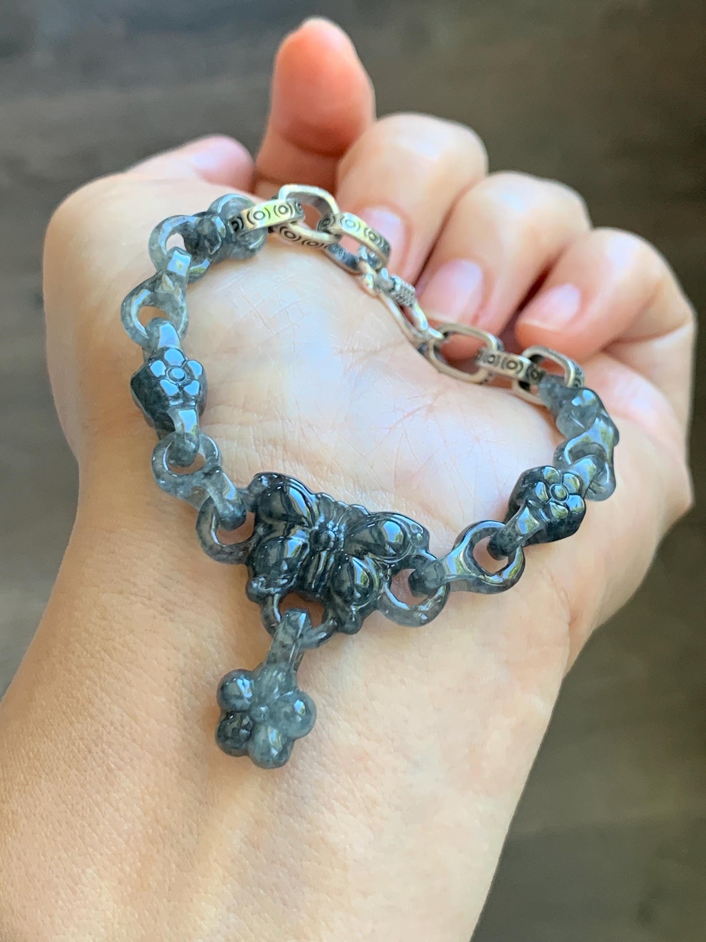 Certified Natural Grade A Icy Translucent Wuji Jade Jadeite Interlocking Link Chain Butterfly Bracelet Sterling Silver 6" 天然冰胶乌鸡翡翠链条手链 437