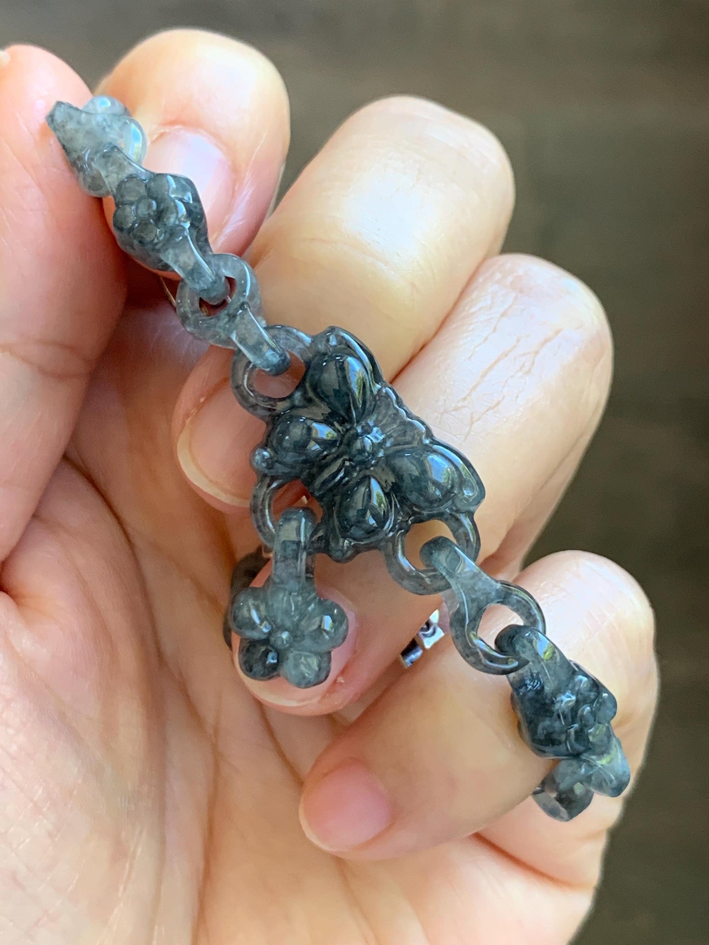 Certified Natural Grade A Icy Translucent Wuji Jade Jadeite Interlocking Link Chain Butterfly Bracelet Sterling Silver 6" 天然冰胶乌鸡翡翠链条手链 437