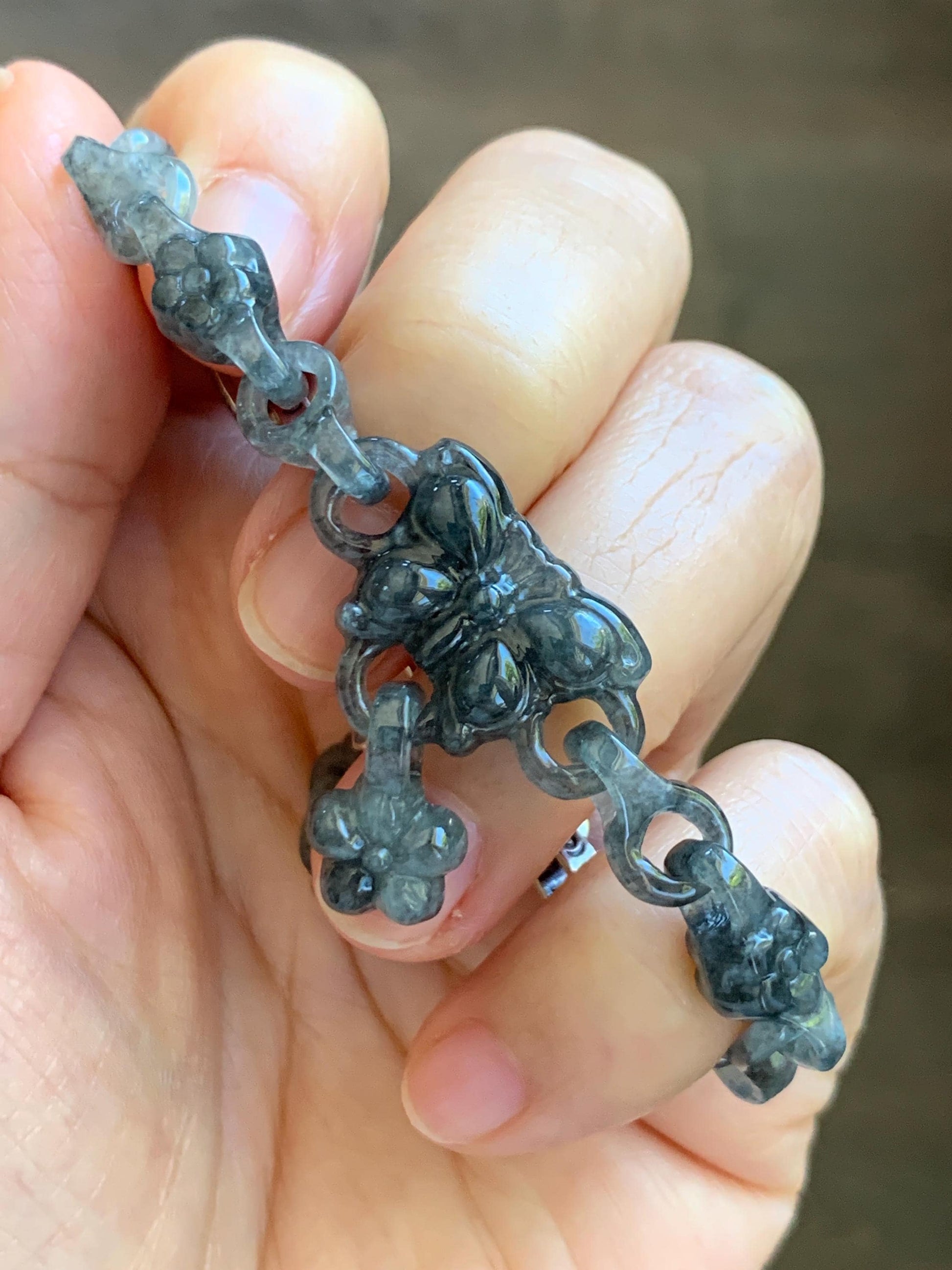 Certified Natural Grade A Icy Translucent Wuji Jade Jadeite Interlocking Link Chain Butterfly Bracelet Sterling Silver 6" 天然冰胶乌鸡翡翠链条手链 437