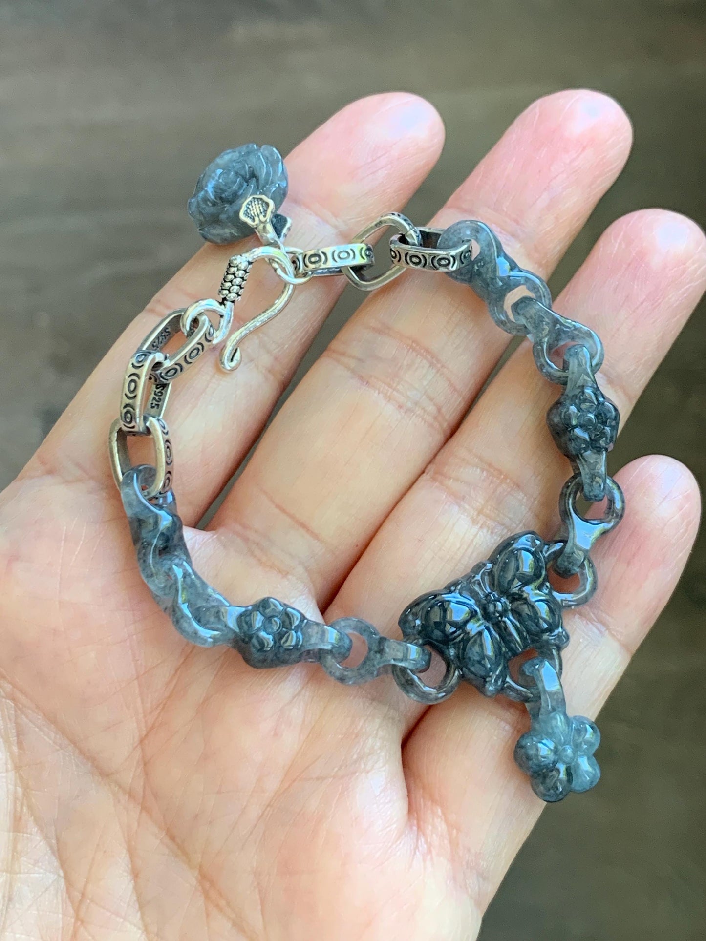 Certified Natural Grade A Icy Translucent Wuji Jade Jadeite Interlocking Link Chain Butterfly Bracelet Sterling Silver 6" 天然冰胶乌鸡翡翠链条手链 437