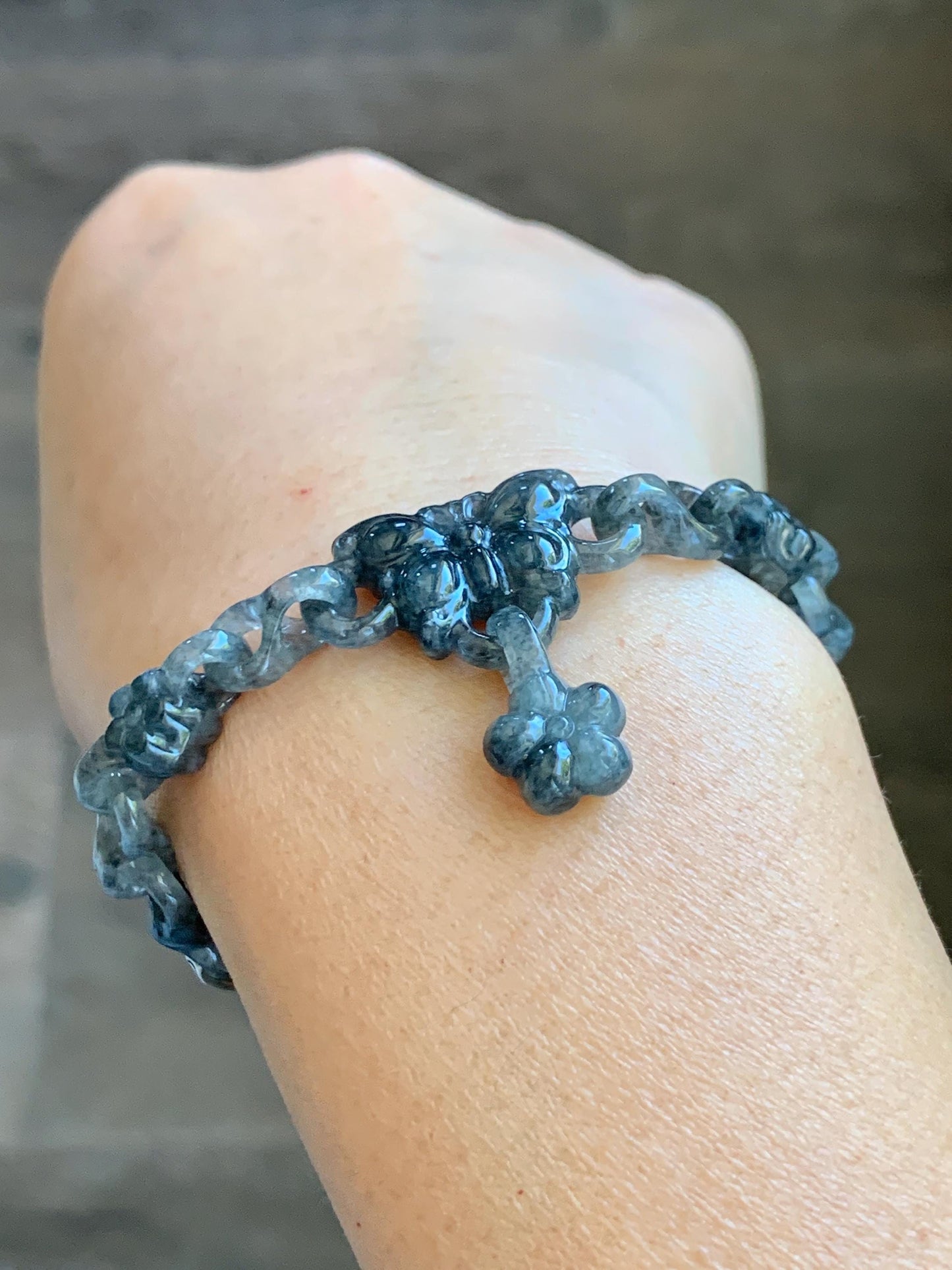 Certified Natural Grade A Icy Translucent Wuji Jade Jadeite Interlocking Link Chain Butterfly Bracelet Sterling Silver 6" 天然冰胶乌鸡翡翠链条手链 437