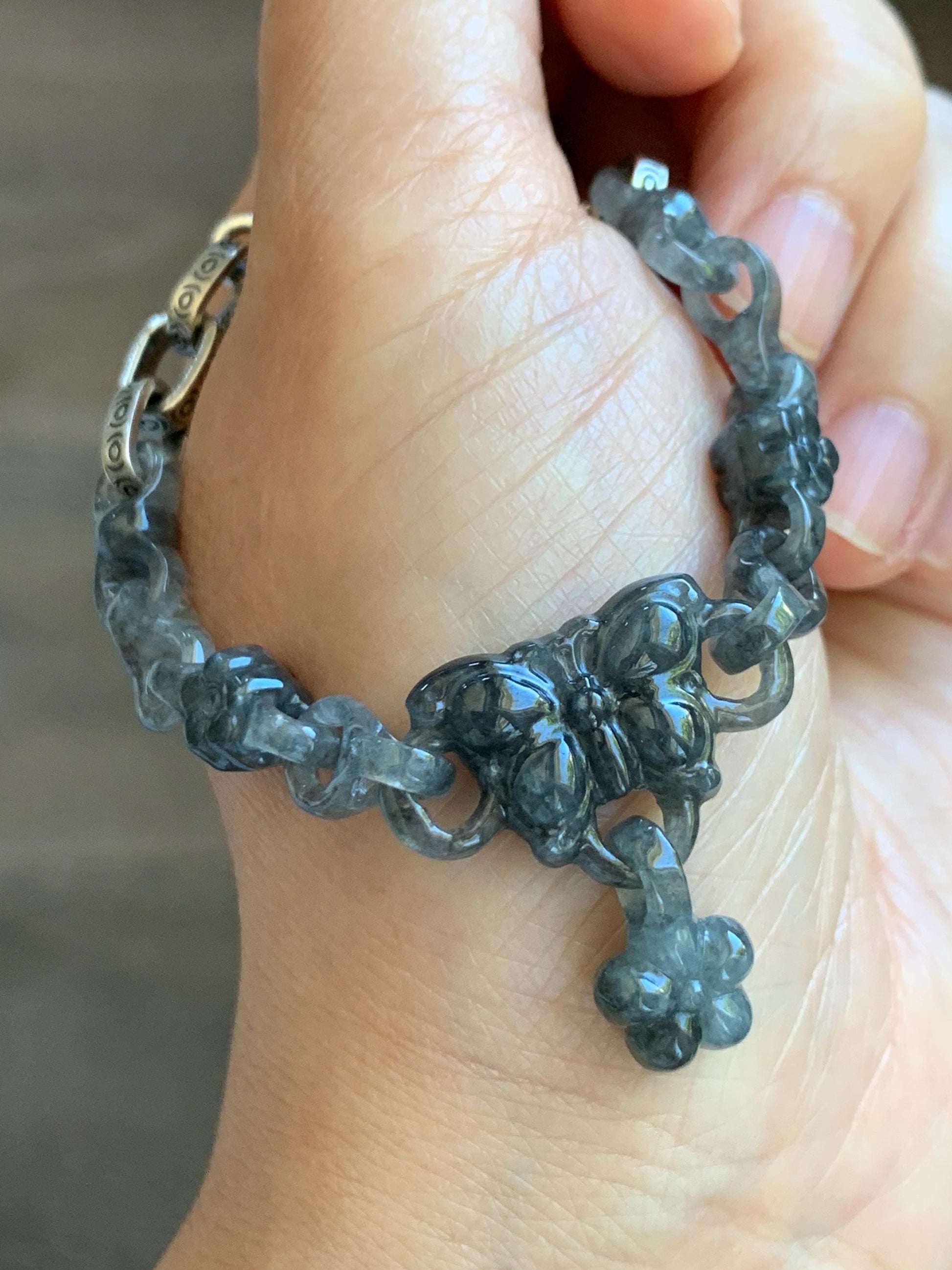Certified Natural Grade A Icy Translucent Wuji Jade Jadeite Interlocking Link Chain Butterfly Bracelet Sterling Silver 6" 天然冰胶乌鸡翡翠链条手链 437