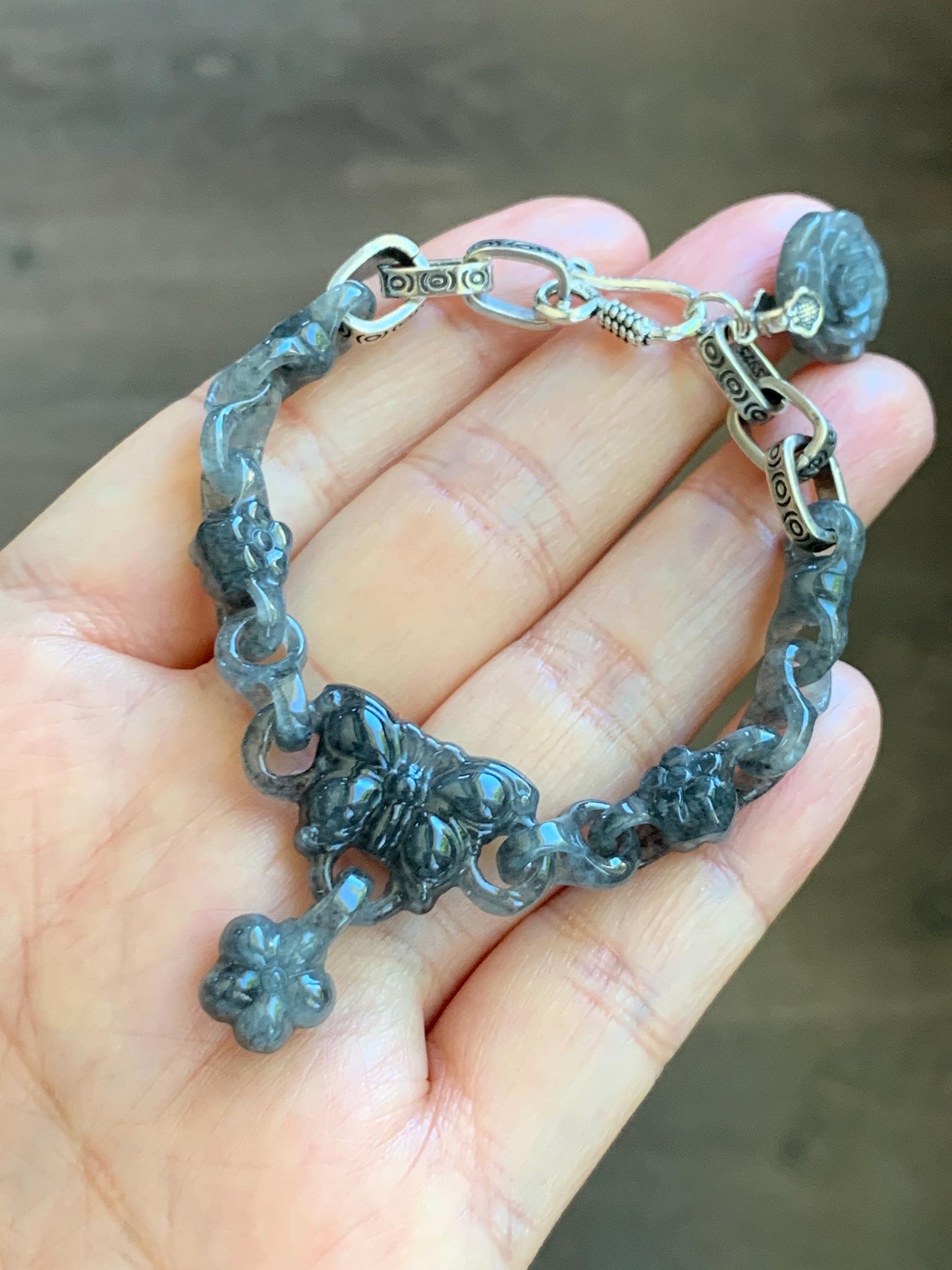 Certified Natural Grade A Icy Translucent Wuji Jade Jadeite Interlocking Link Chain Butterfly Bracelet Sterling Silver 6" 天然冰胶乌鸡翡翠链条手链 437