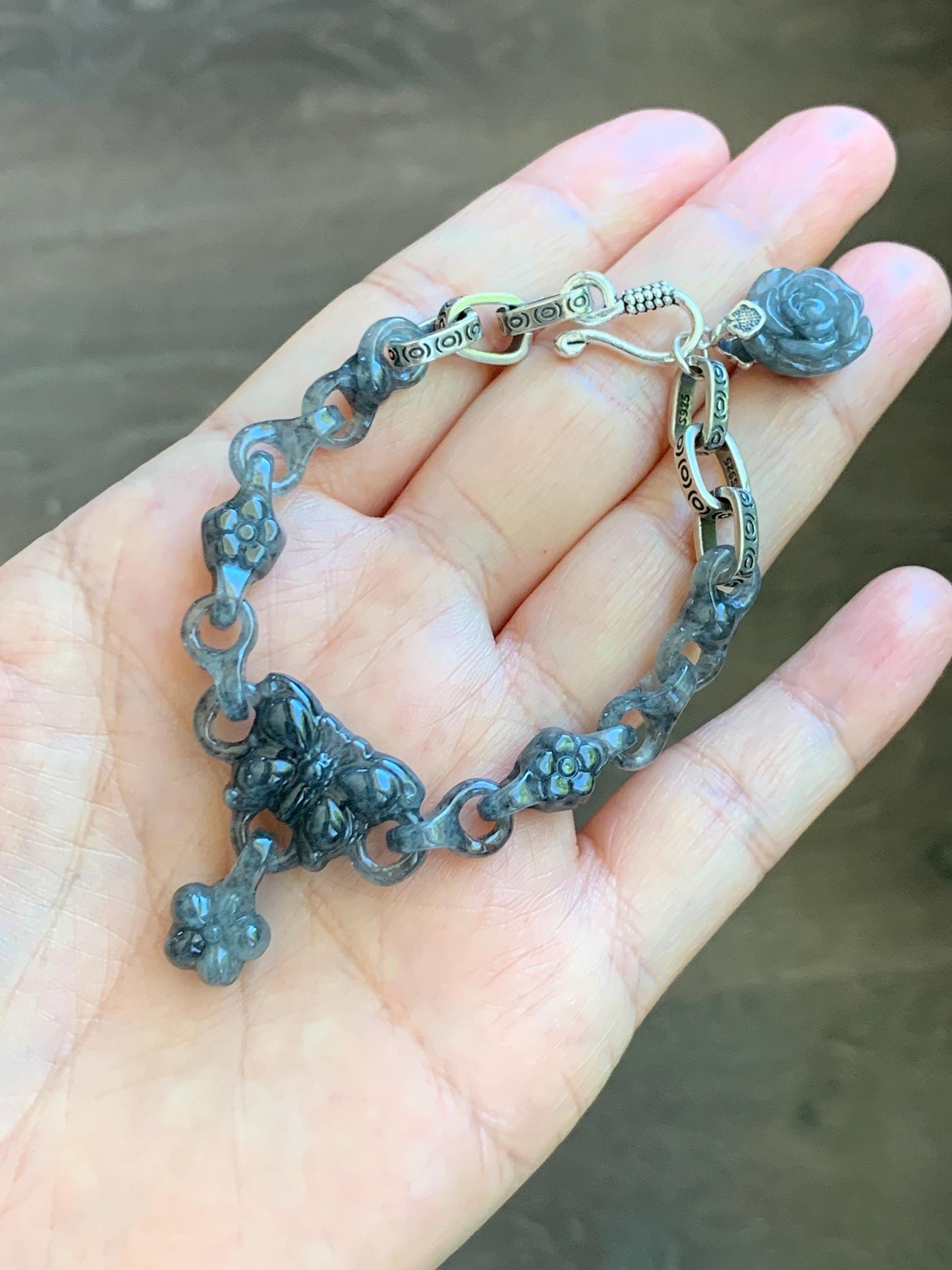 Certified Natural Grade A Icy Translucent Wuji Jade Jadeite Interlocking Link Chain Butterfly Bracelet Sterling Silver 6" 天然冰胶乌鸡翡翠链条手链 437