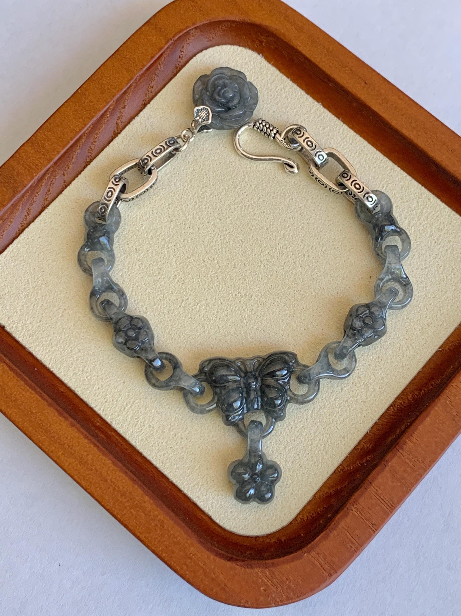 Certified Natural Grade A Icy Translucent Wuji Jade Jadeite Interlocking Link Chain Butterfly Bracelet Sterling Silver 6" 天然冰胶乌鸡翡翠链条手链 437