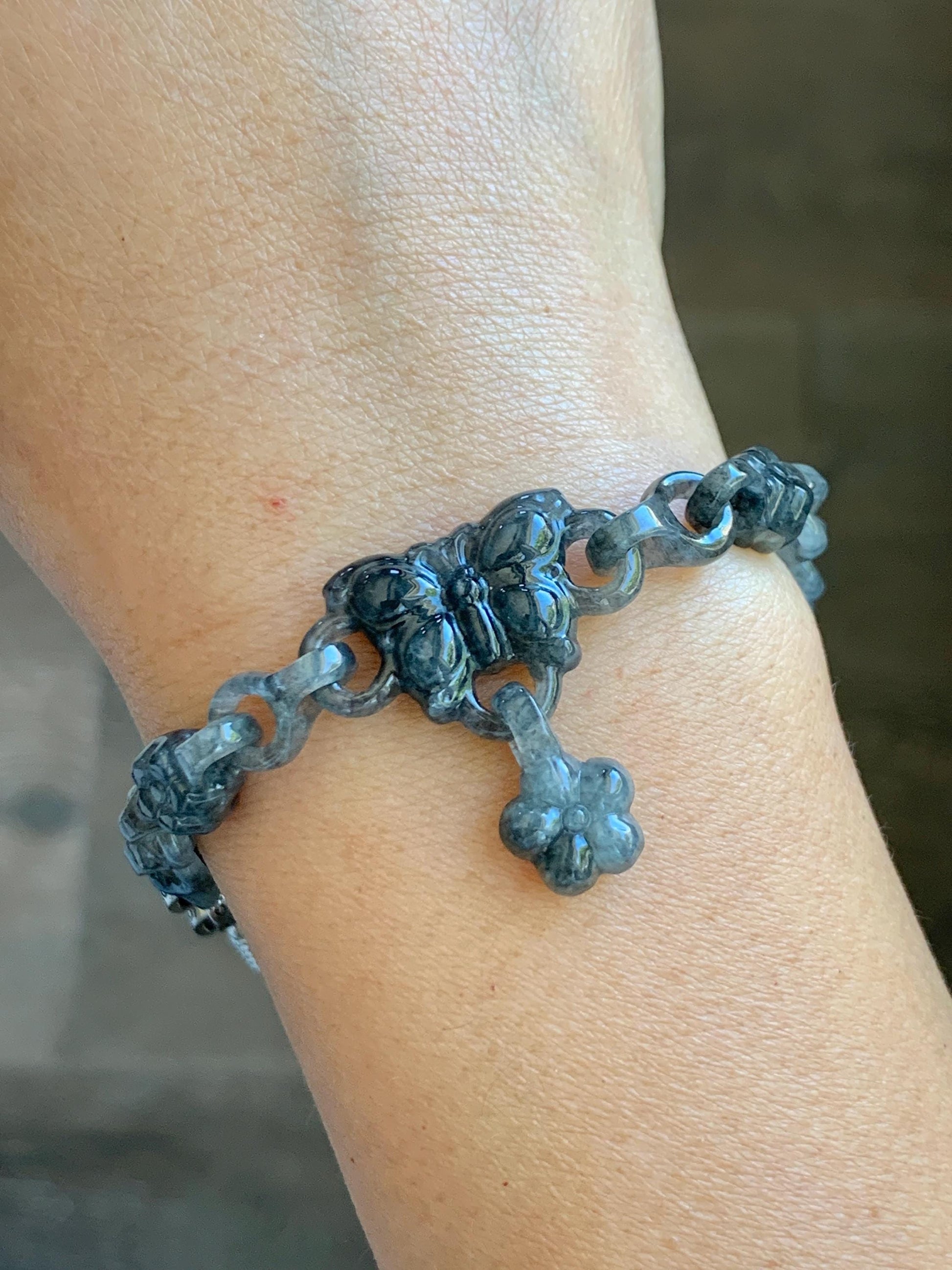 Certified Natural Grade A Icy Translucent Wuji Jade Jadeite Interlocking Link Chain Butterfly Bracelet Sterling Silver 6" 天然冰胶乌鸡翡翠链条手链 437