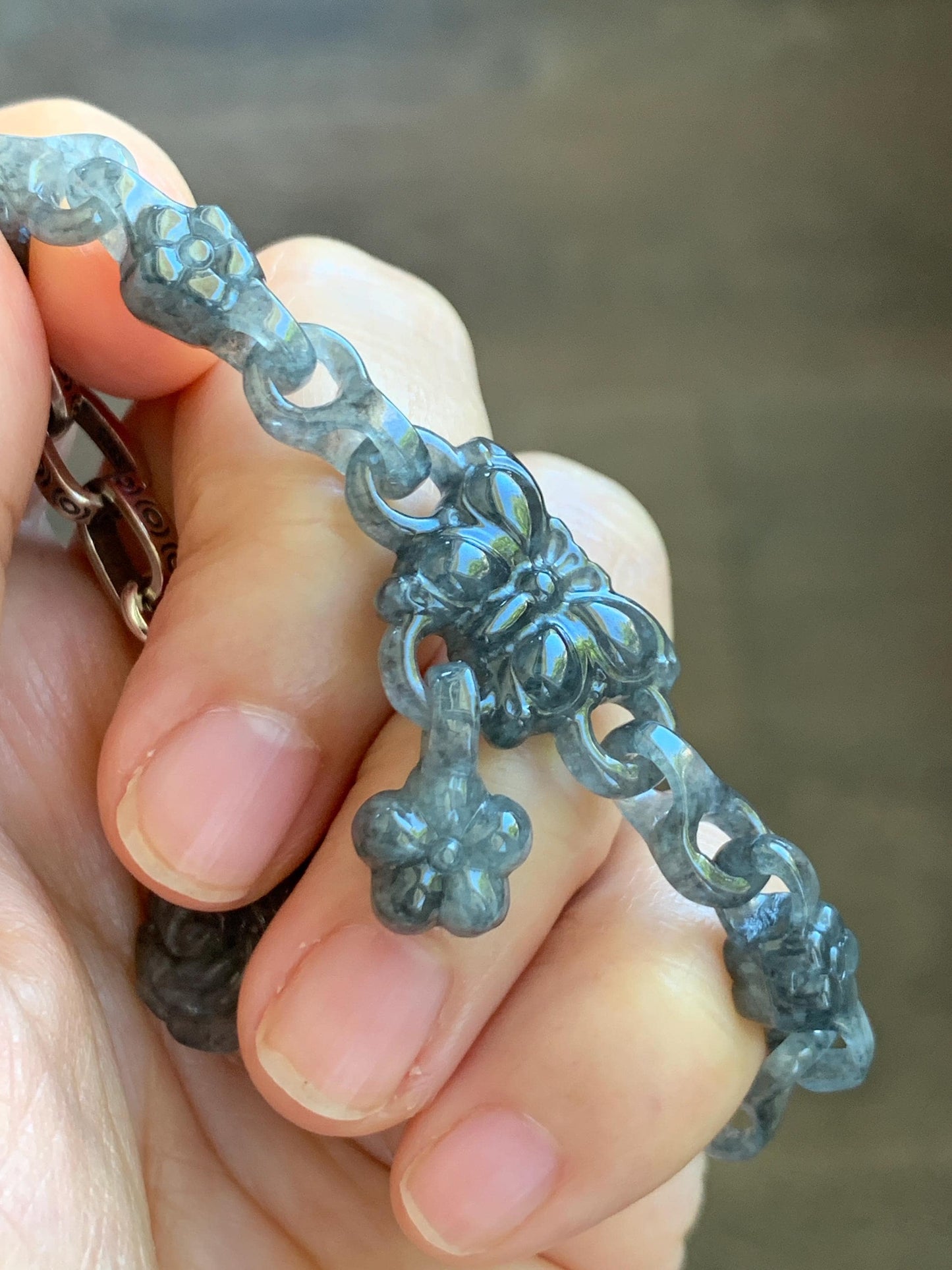 Certified Natural Grade A Icy Translucent Wuji Jade Jadeite Interlocking Link Chain Butterfly Bracelet Sterling Silver 6" 天然冰胶乌鸡翡翠链条手链 437