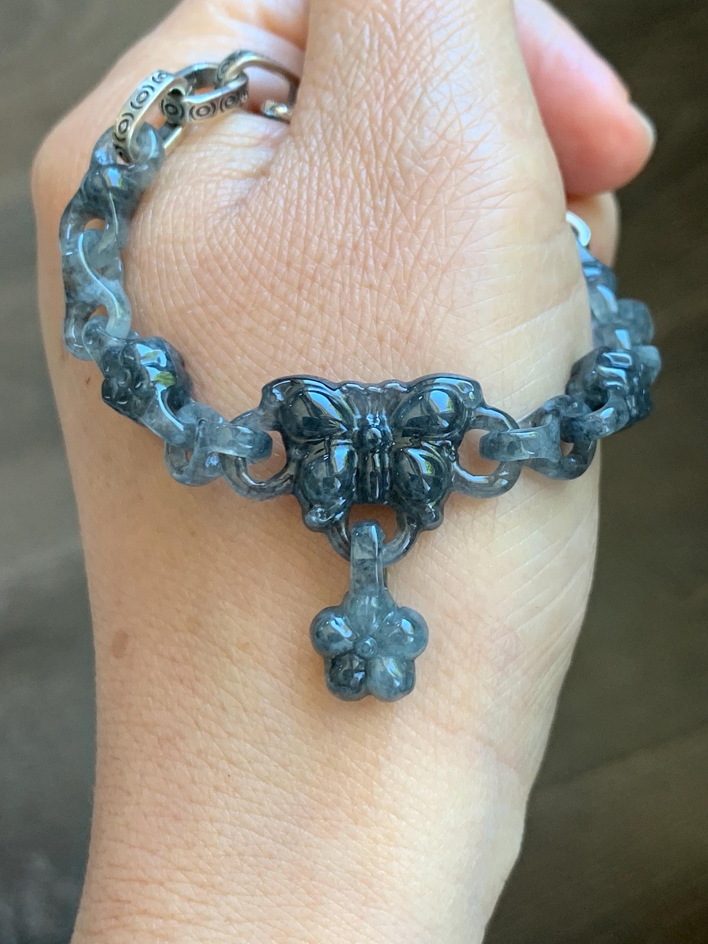 Certified Natural Grade A Icy Translucent Wuji Jade Jadeite Interlocking Link Chain Butterfly Bracelet Sterling Silver 6" 天然冰胶乌鸡翡翠链条手链 437