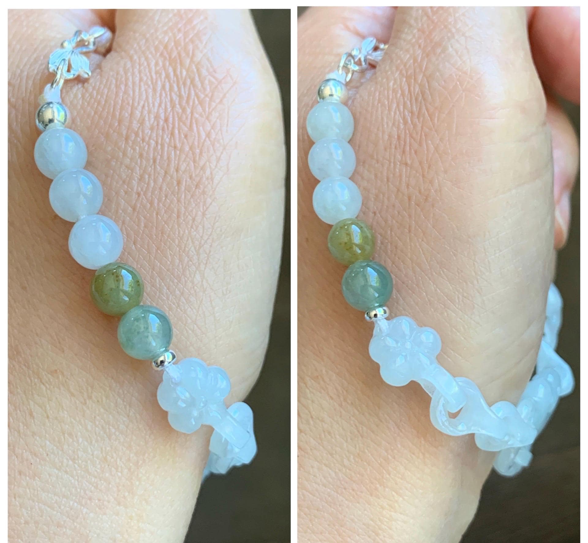 Certified Natural Grade A Icy Translucent White Jade Jadeite Interlocking Link Chain Ruyi Bracelet Sterling Silver 7" 天然白冰胶翡翠雕刻链条手链 438