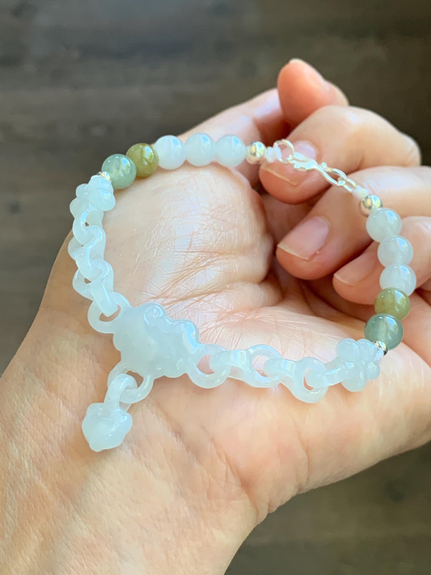 Certified Natural Grade A Icy Translucent White Jade Jadeite Interlocking Link Chain Ruyi Bracelet Sterling Silver 7" 天然白冰胶翡翠雕刻链条手链 438