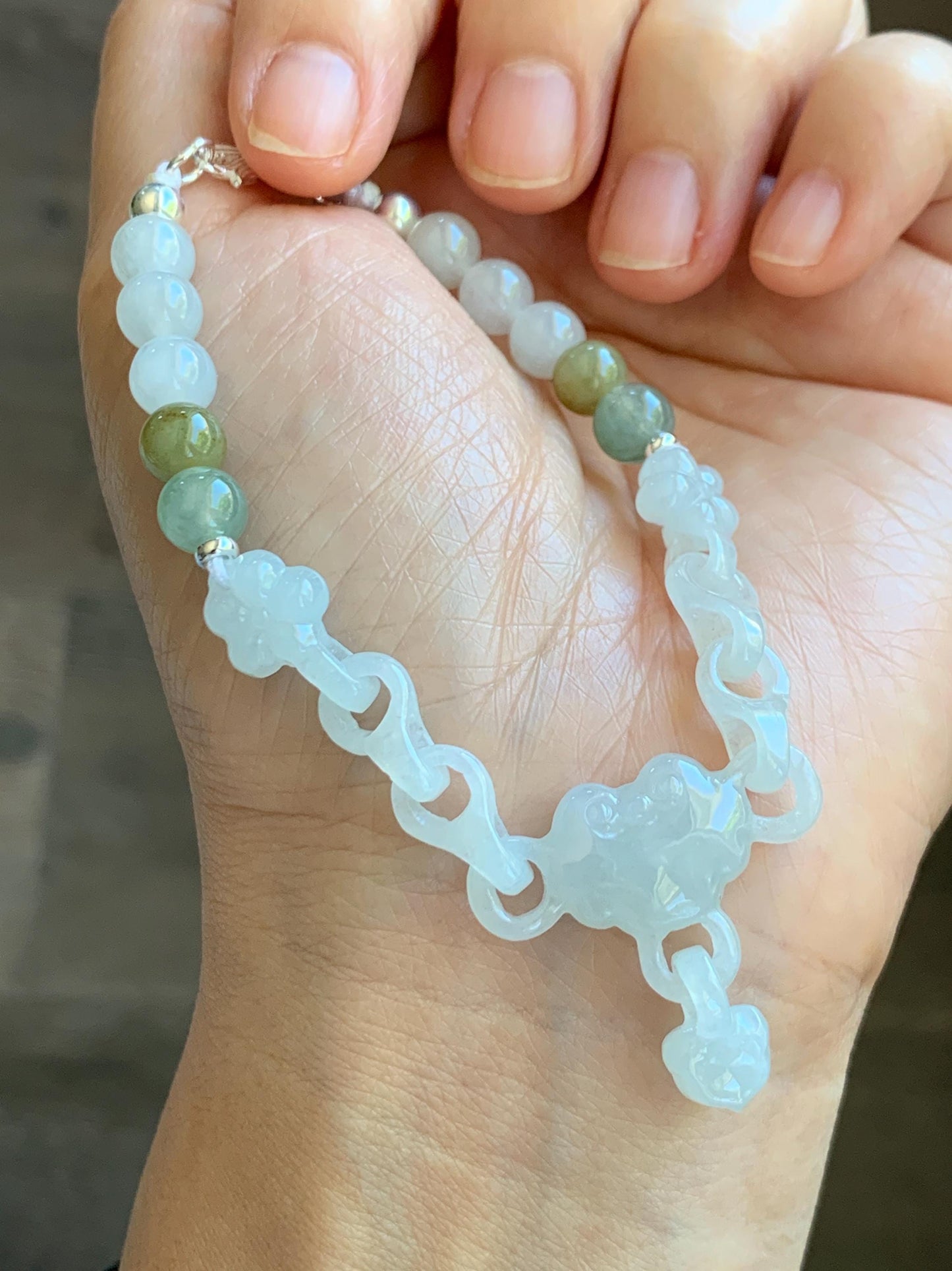 Certified Natural Grade A Icy Translucent White Jade Jadeite Interlocking Link Chain Ruyi Bracelet Sterling Silver 7" 天然白冰胶翡翠雕刻链条手链 438