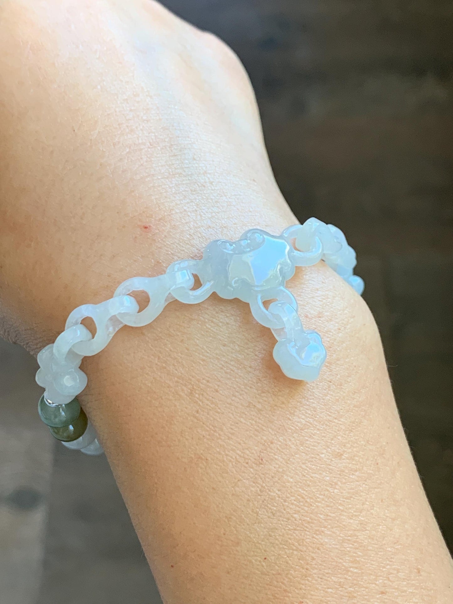 Certified Natural Grade A Icy Translucent White Jade Jadeite Interlocking Link Chain Ruyi Bracelet Sterling Silver 7" 天然白冰胶翡翠雕刻链条手链 438