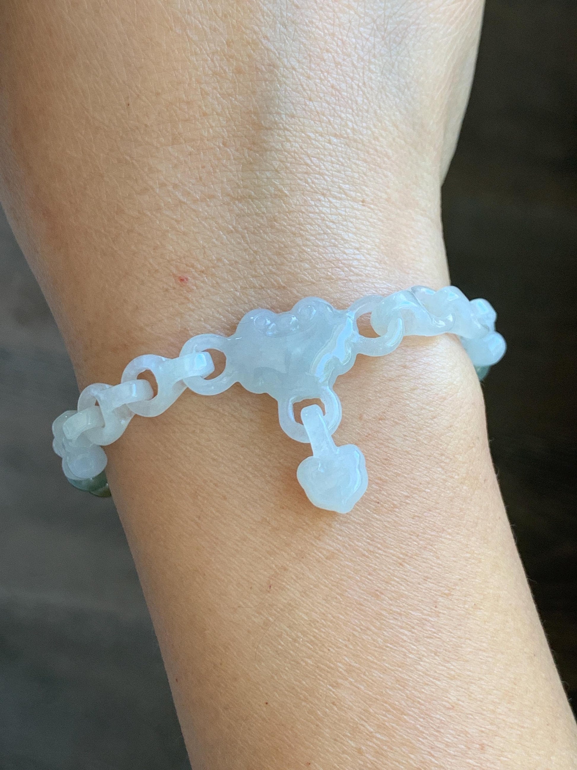 Certified Natural Grade A Icy Translucent White Jade Jadeite Interlocking Link Chain Ruyi Bracelet Sterling Silver 7" 天然白冰胶翡翠雕刻链条手链 438