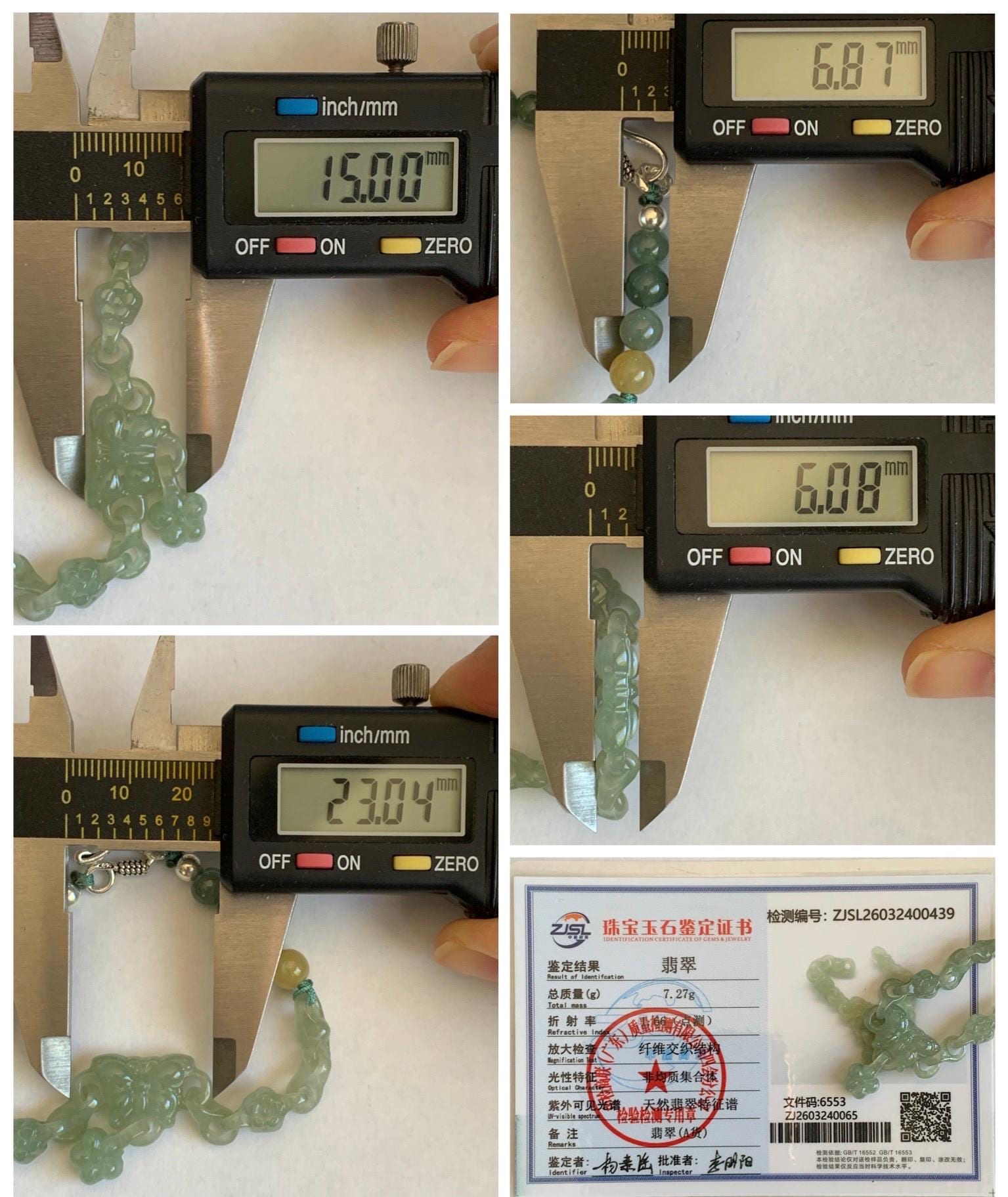 Certified Natural Grade A Icy Light Green Jade Jadeite Interlocking Link Chain Butterfly Bracelet Sterling Silver 7" 天然冰胶晴绿翡翠雕刻蝴蝶链条手链 439