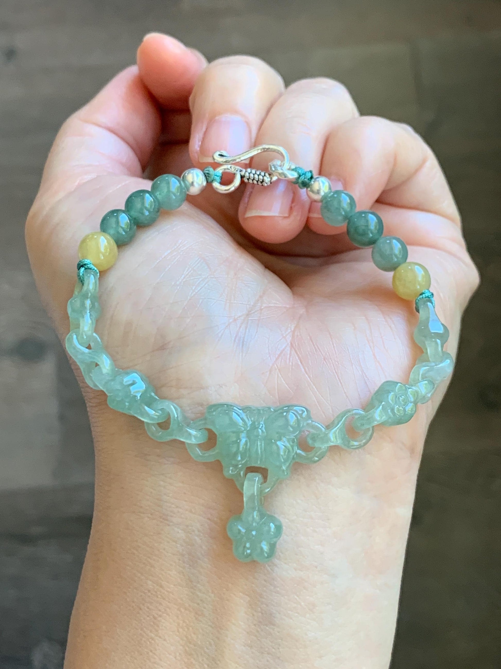 Certified Natural Grade A Icy Light Green Jade Jadeite Interlocking Link Chain Butterfly Bracelet Sterling Silver 7" 天然冰胶晴绿翡翠雕刻蝴蝶链条手链 439