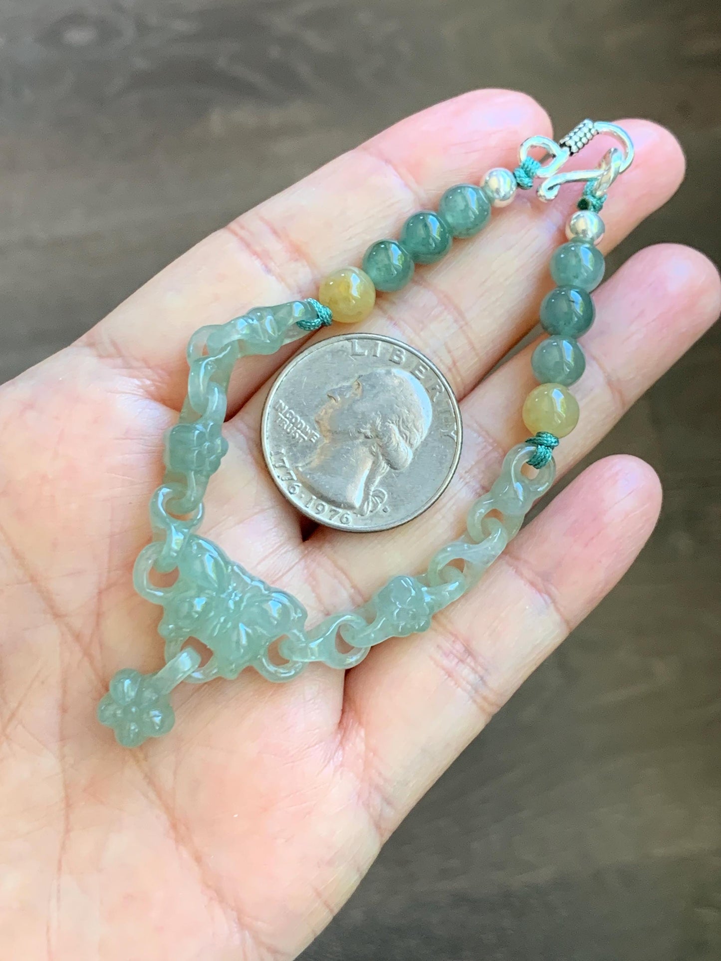 Certified Natural Grade A Icy Light Green Jade Jadeite Interlocking Link Chain Butterfly Bracelet Sterling Silver 7" 天然冰胶晴绿翡翠雕刻蝴蝶链条手链 439