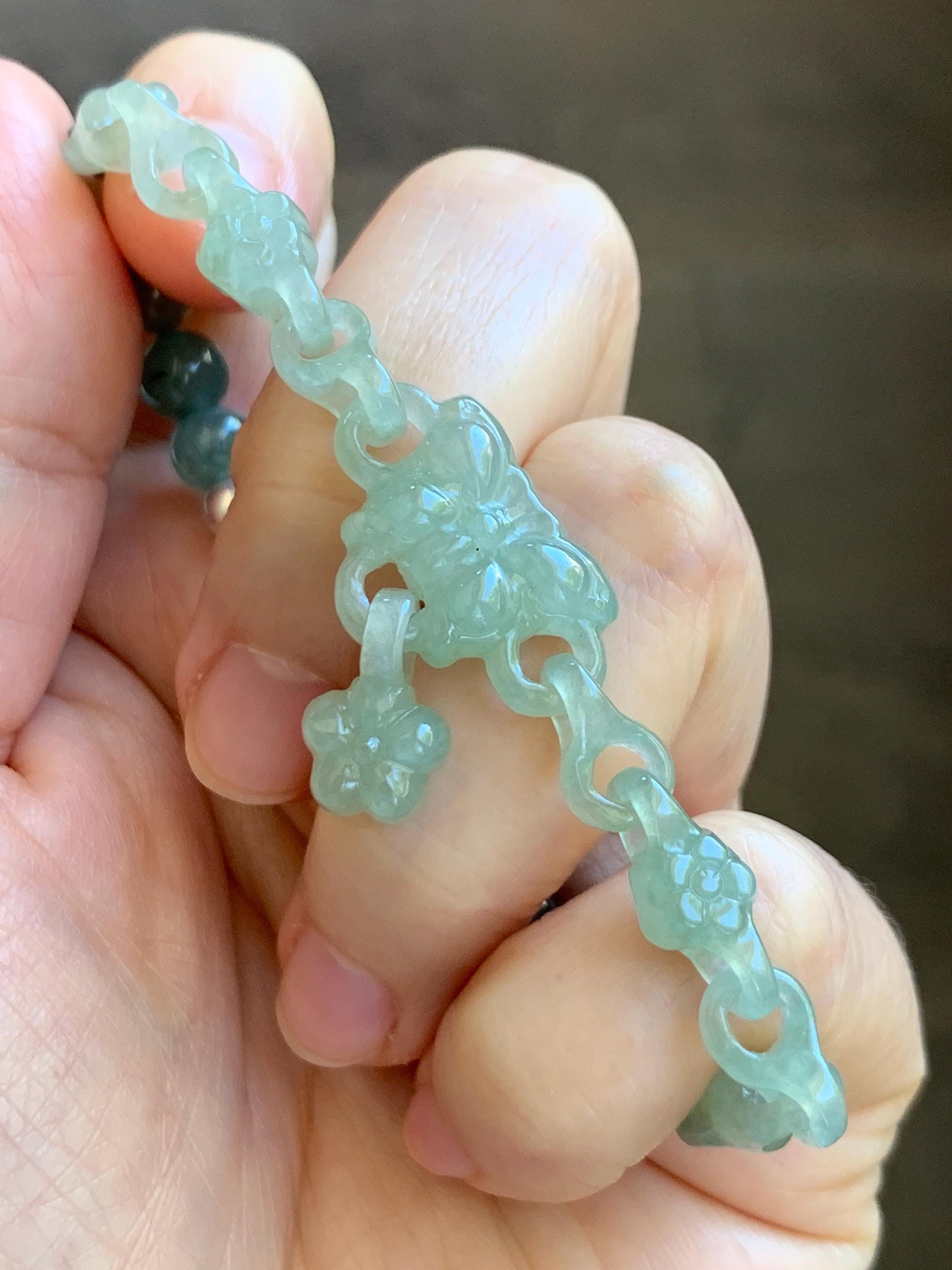 Certified Natural Grade A Icy Light Green Jade Jadeite Interlocking Link Chain Butterfly Bracelet Sterling Silver 7" 天然冰胶晴绿翡翠雕刻蝴蝶链条手链 439