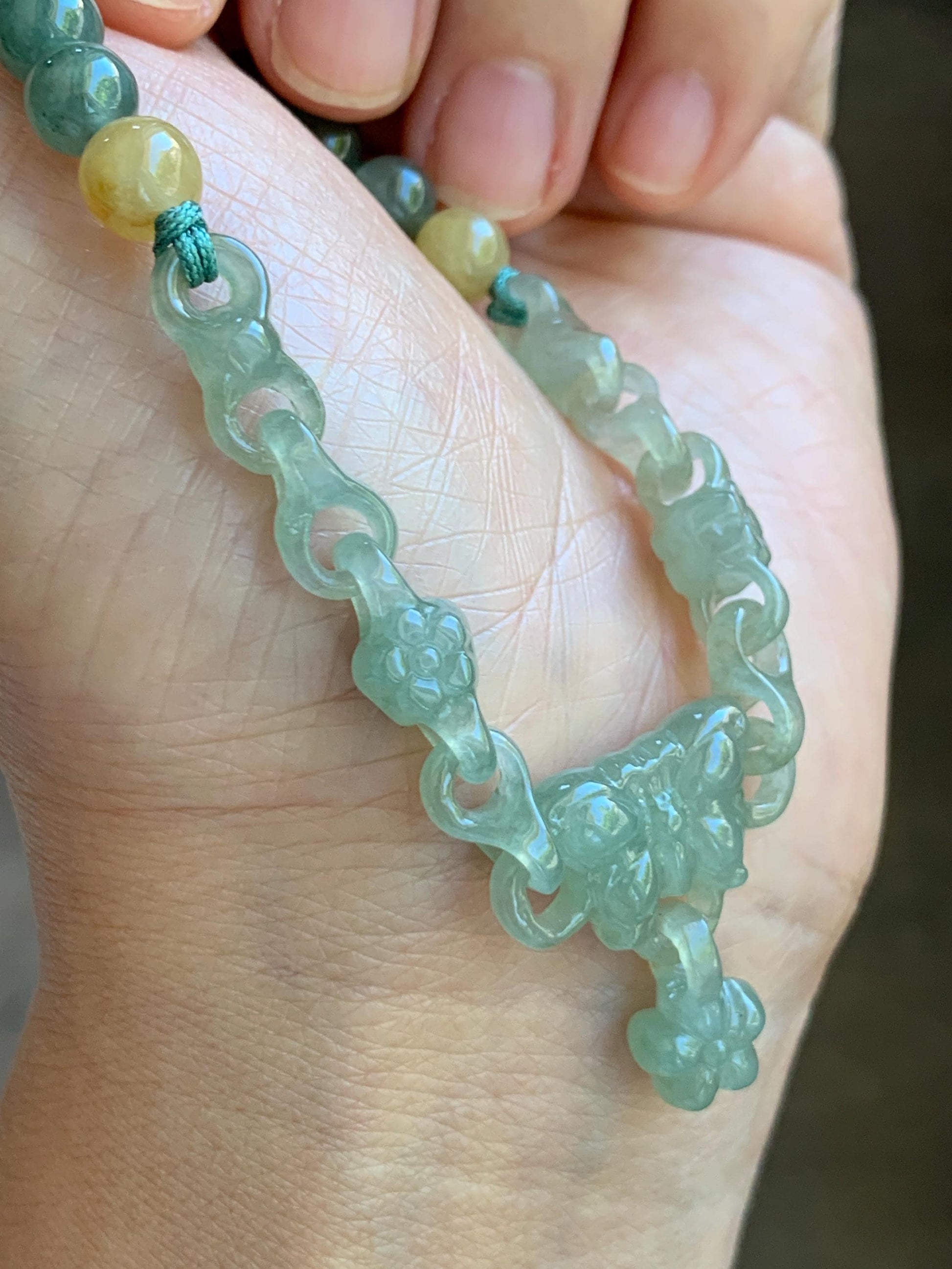 Certified Natural Grade A Icy Light Green Jade Jadeite Interlocking Link Chain Butterfly Bracelet Sterling Silver 7" 天然冰胶晴绿翡翠雕刻蝴蝶链条手链 439
