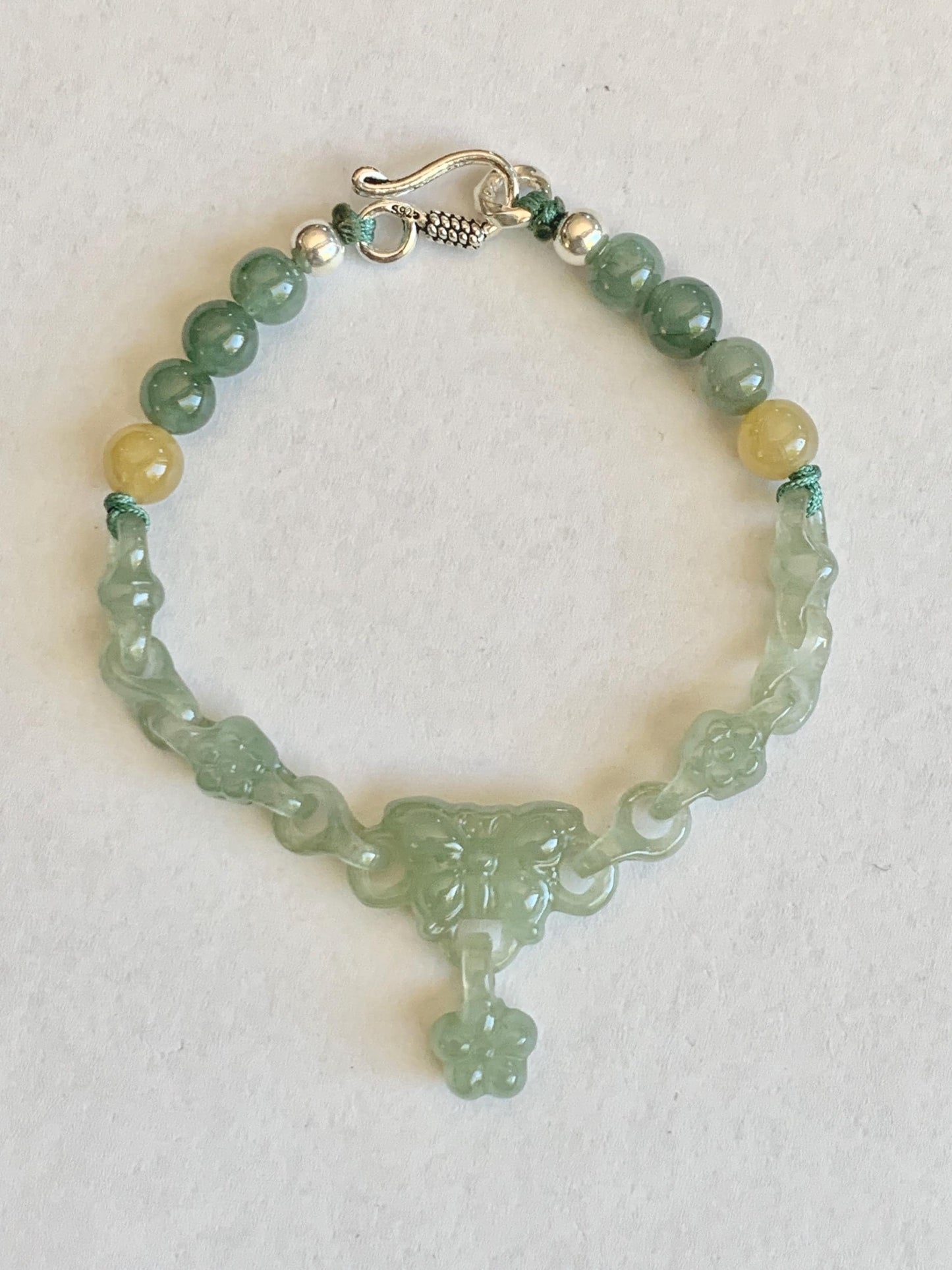 Certified Natural Grade A Icy Light Green Jade Jadeite Interlocking Link Chain Butterfly Bracelet Sterling Silver 7" 天然冰胶晴绿翡翠雕刻蝴蝶链条手链 439