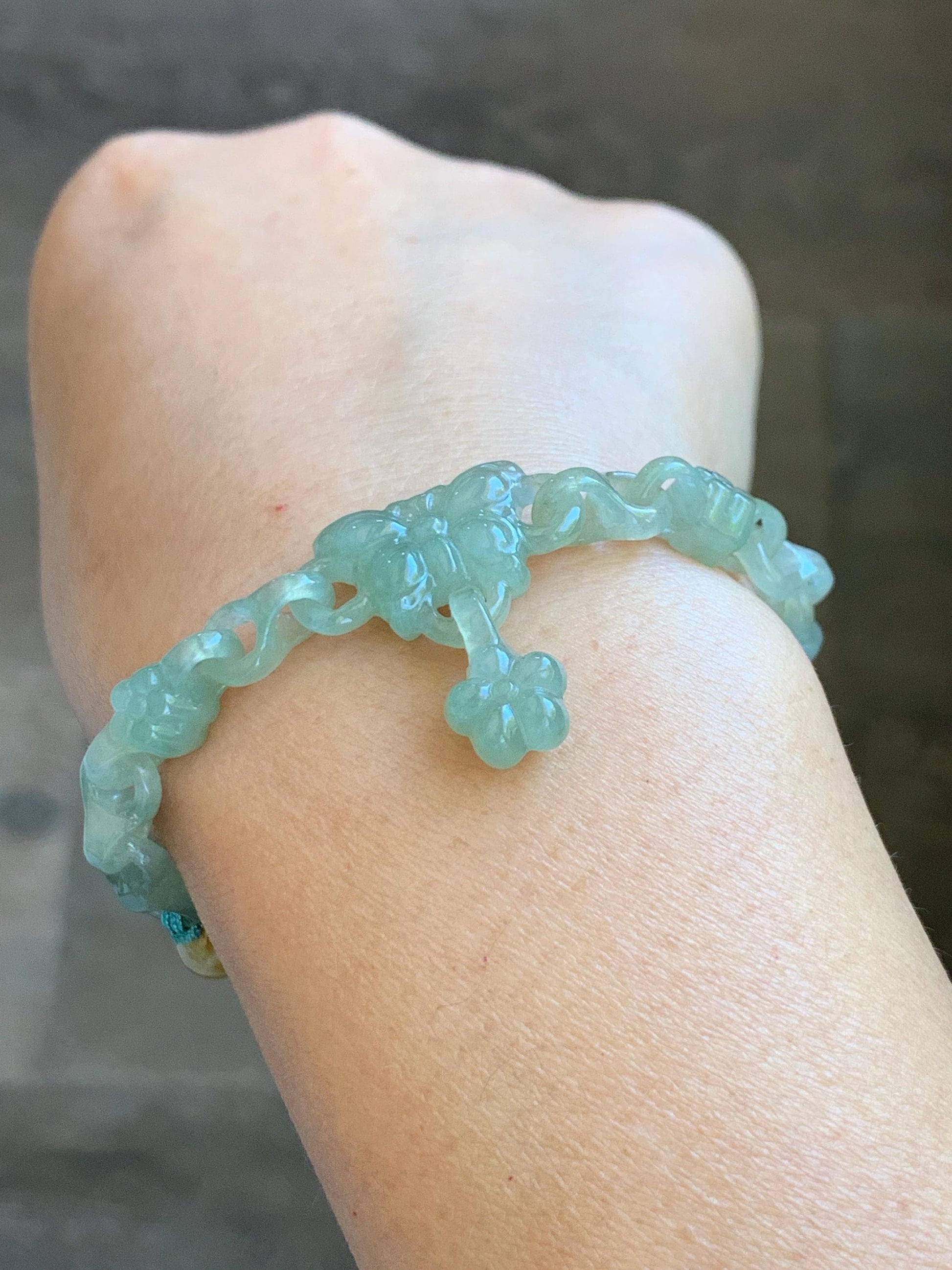 Certified Natural Grade A Icy Light Green Jade Jadeite Interlocking Link Chain Butterfly Bracelet Sterling Silver 7" 天然冰胶晴绿翡翠雕刻蝴蝶链条手链 439