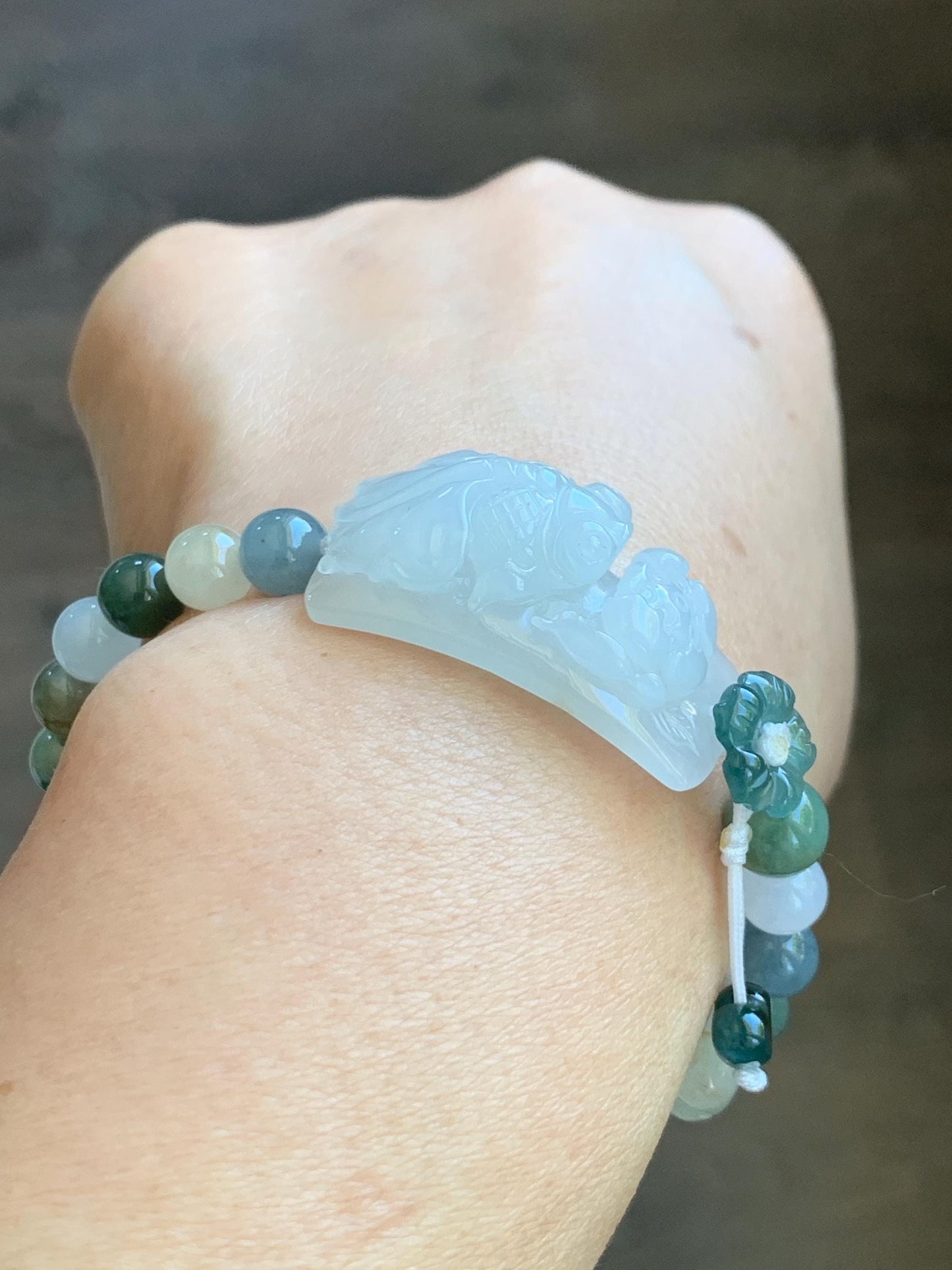 Natural Grade A Icy Translucent White Jade Jadeite Goldfish Lotus Cuff & Multicolored Beads Bracelet 6.75” 23g 天然白冰胶翡翠莲花鱼手牌多宝珠手串 MYP370
