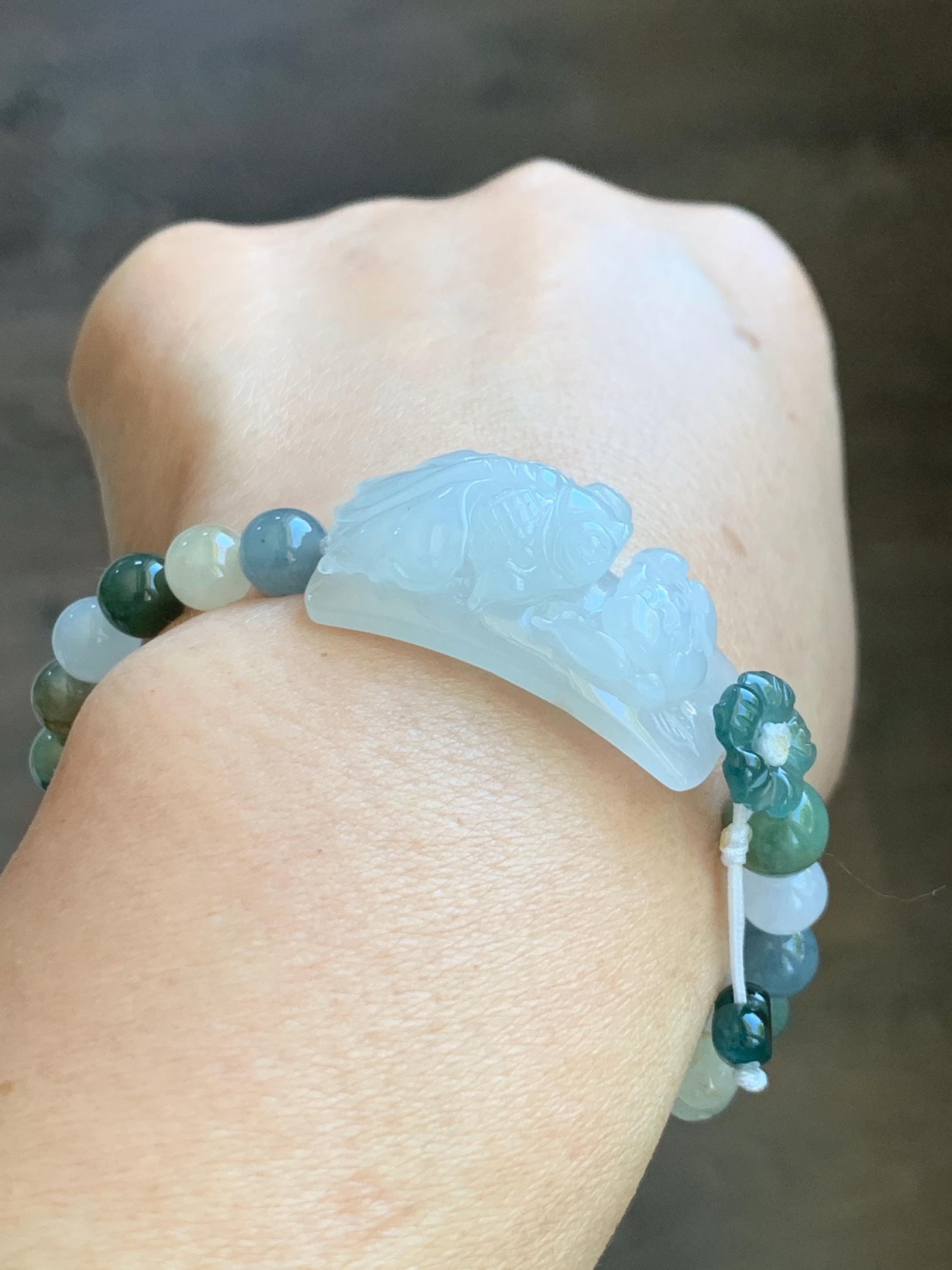 Natural Grade A Icy Translucent White Jade Jadeite Goldfish Lotus Cuff & Multicolored Beads Bracelet 6.75” 23g 天然白冰胶翡翠莲花鱼手牌多宝珠手串 MYP370