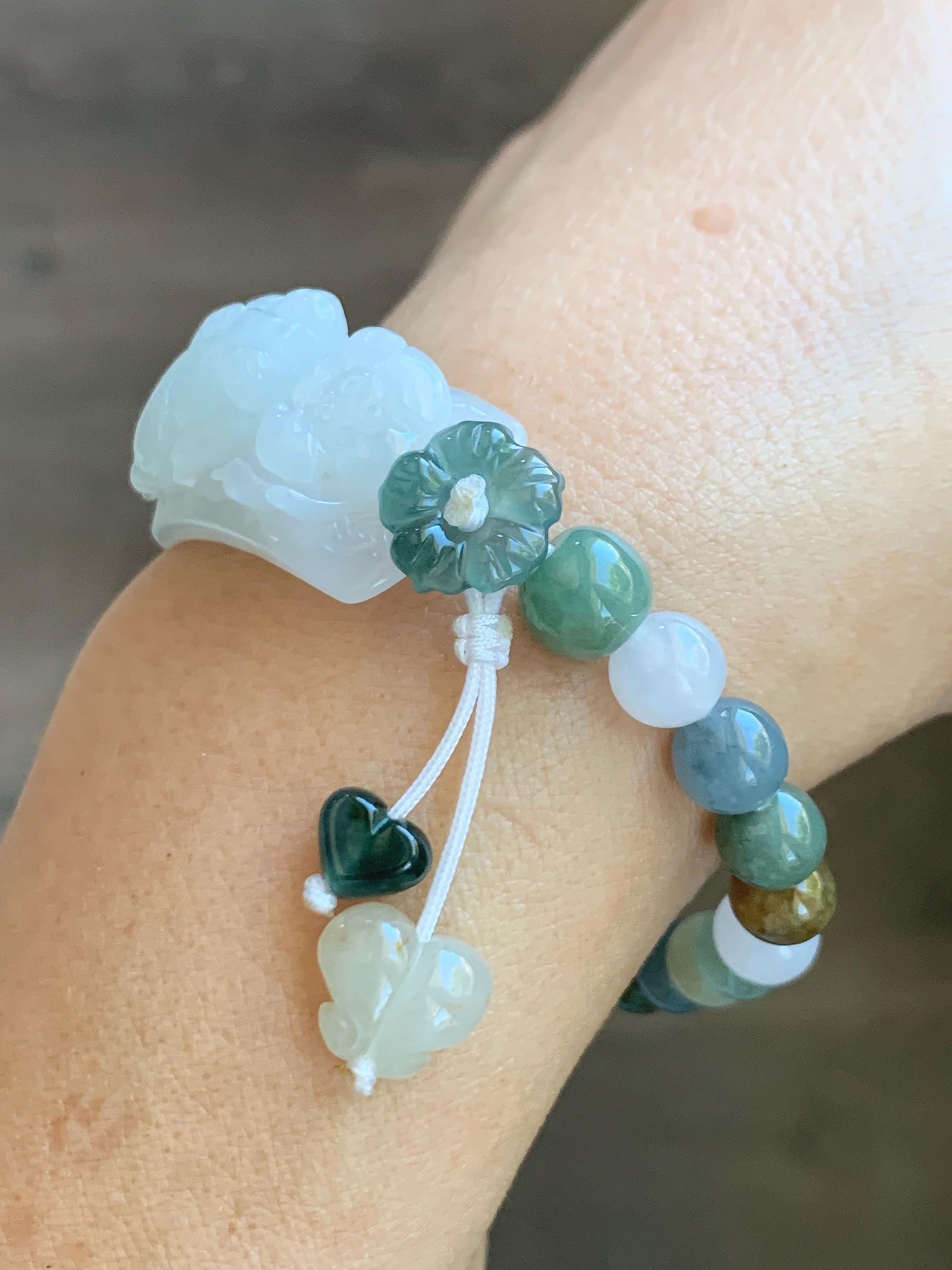 Natural Grade A Icy Translucent White Jade Jadeite Goldfish Lotus Cuff & Multicolored Beads Bracelet 6.75” 23g 天然白冰胶翡翠莲花鱼手牌多宝珠手串 MYP370