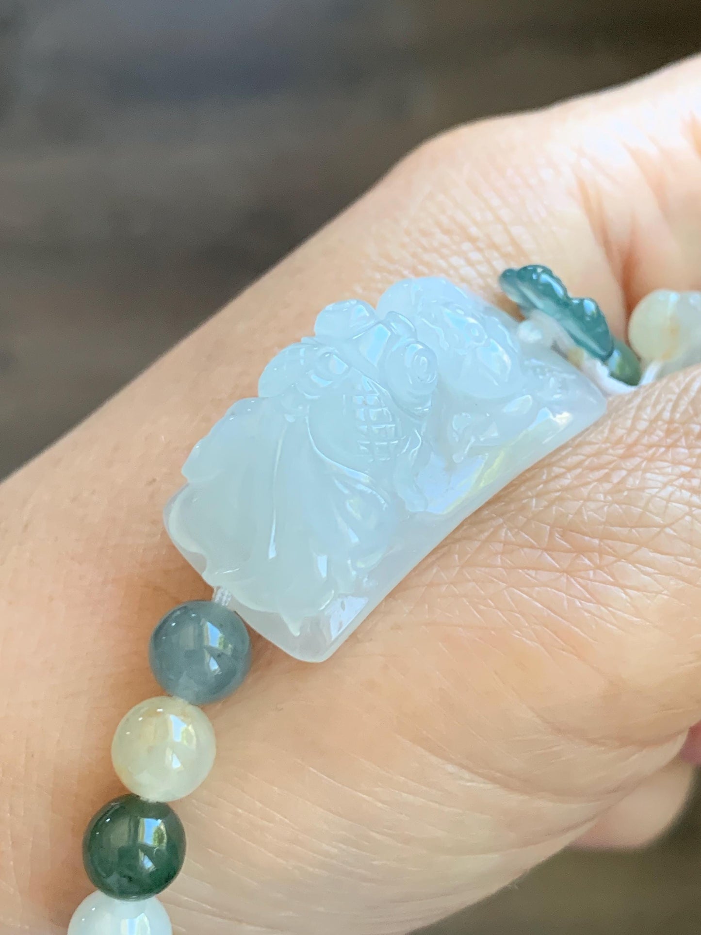 Natural Grade A Icy Translucent White Jade Jadeite Goldfish Lotus Cuff & Multicolored Beads Bracelet 6.75” 23g 天然白冰胶翡翠莲花鱼手牌多宝珠手串 MYP370