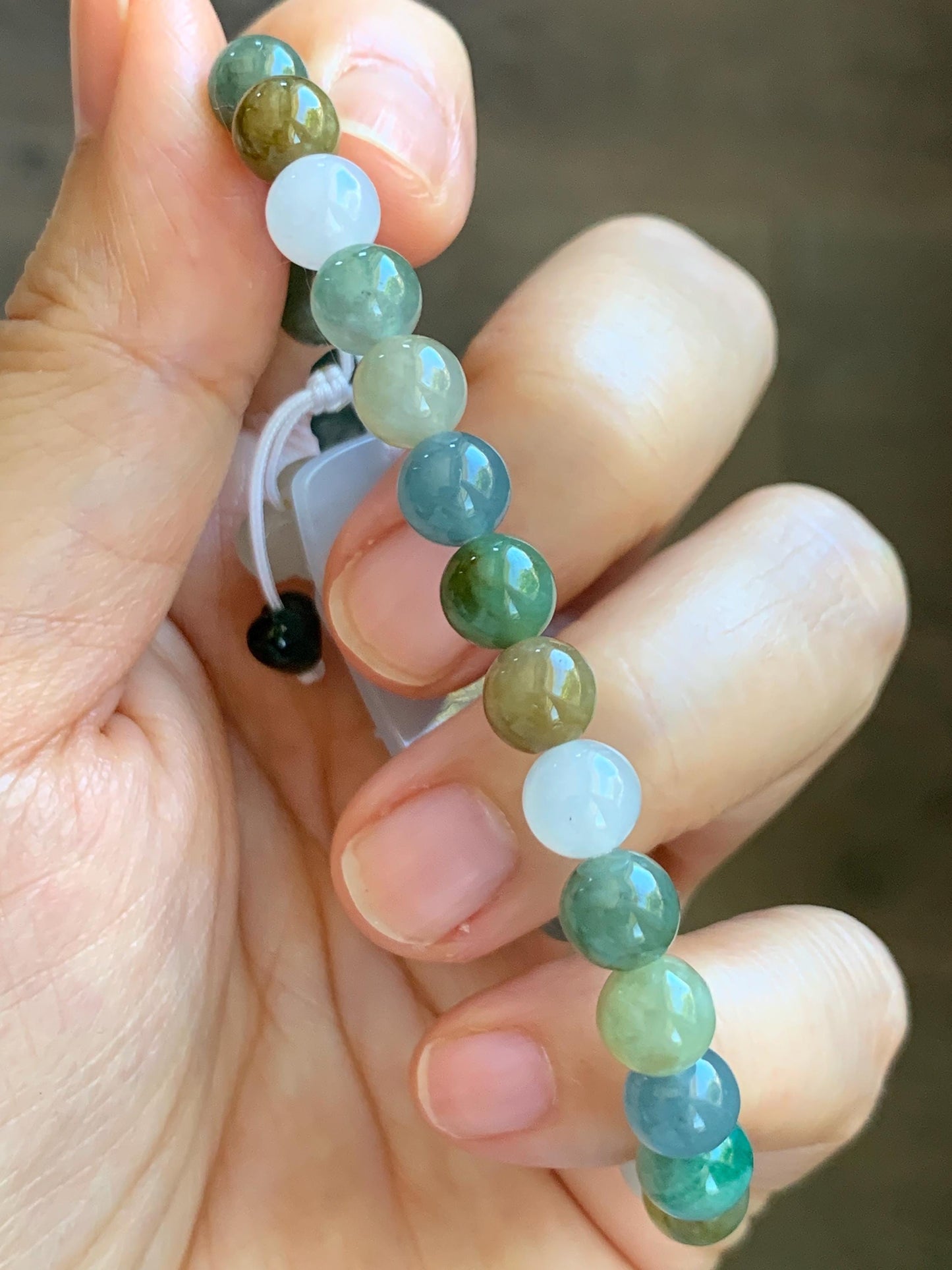 Natural Grade A Icy Translucent White Jade Jadeite Goldfish Lotus Cuff & Multicolored Beads Bracelet 6.75” 23g 天然白冰胶翡翠莲花鱼手牌多宝珠手串 MYP370