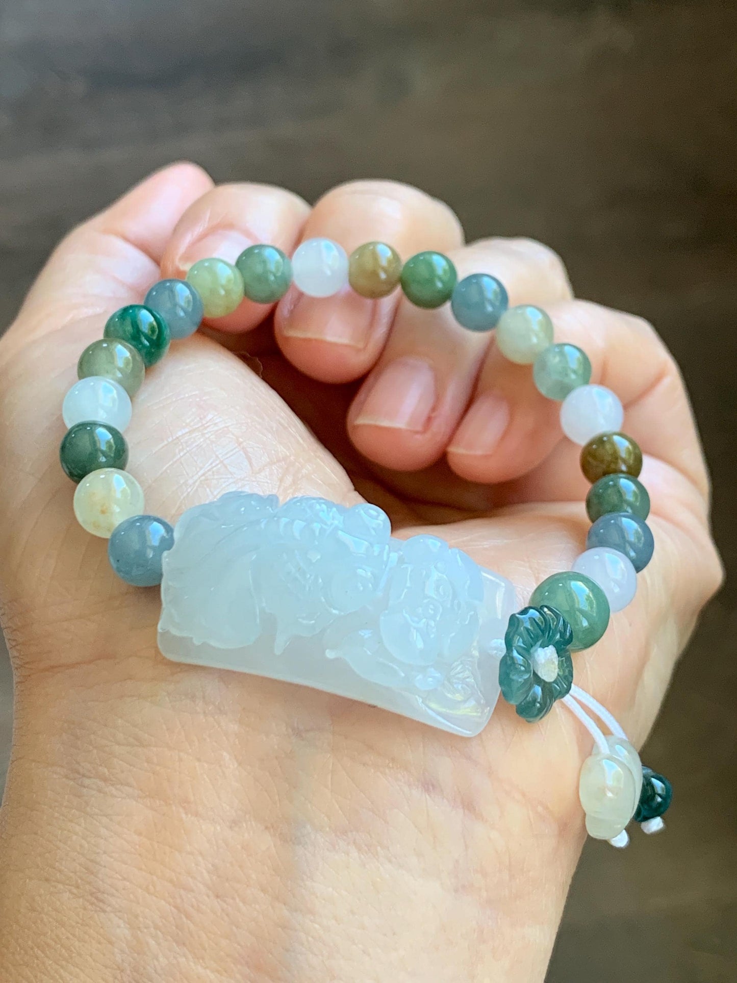 Natural Grade A Icy Translucent White Jade Jadeite Goldfish Lotus Cuff & Multicolored Beads Bracelet 6.75” 23g 天然白冰胶翡翠莲花鱼手牌多宝珠手串 MYP370