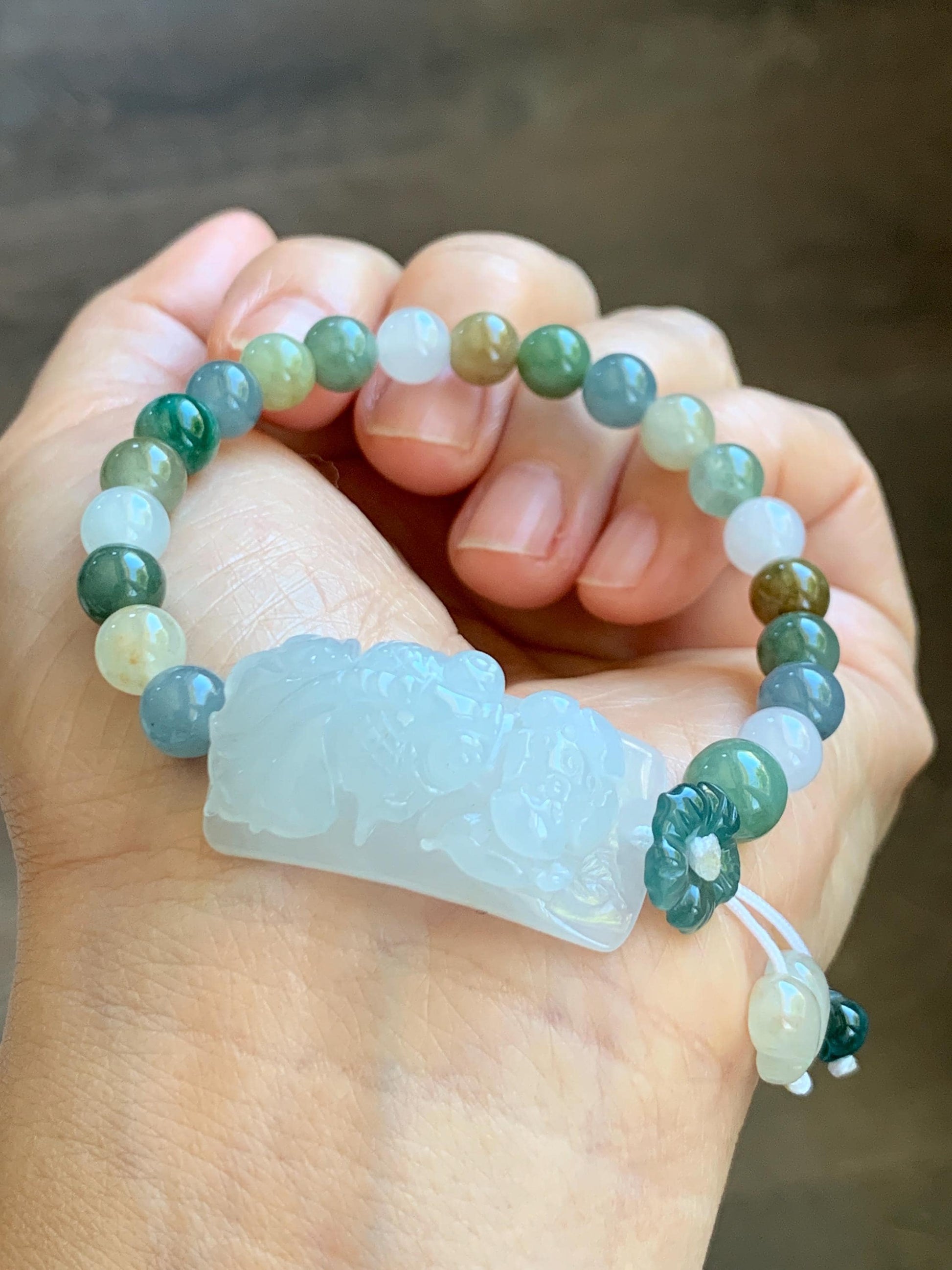 Natural Grade A Icy Translucent White Jade Jadeite Goldfish Lotus Cuff & Multicolored Beads Bracelet 6.75” 23g 天然白冰胶翡翠莲花鱼手牌多宝珠手串 MYP370
