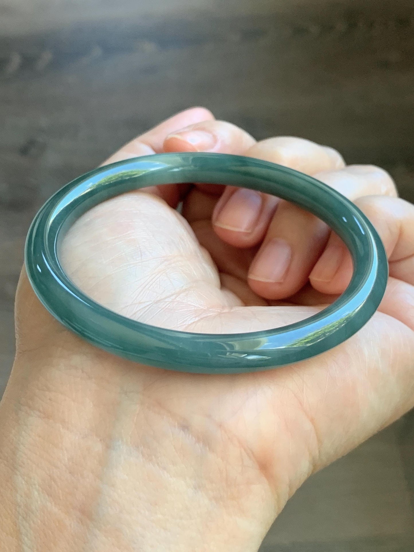 Certified Natural Grade A Guatemalan Icy Translucent Dark Dusty Teal Green Jade Jadeite Bangle Bracelet 56.7mm 7” 24g 天然冰危深蓝绿翡翠圆条手镯 517