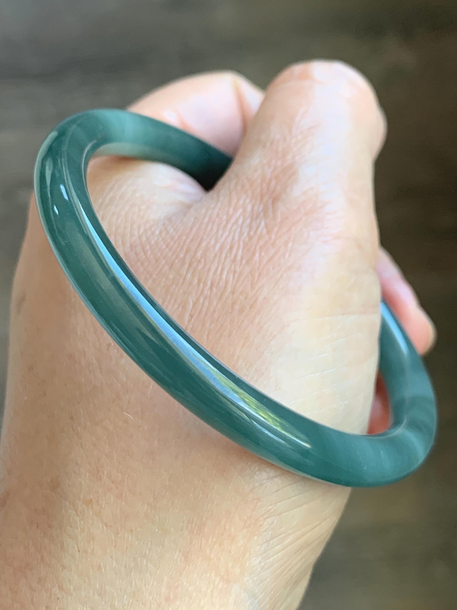Certified Natural Grade A Guatemalan Icy Translucent Dark Dusty Teal Green Jade Jadeite Bangle Bracelet 56.7mm 7” 24g 天然冰危深蓝绿翡翠圆条手镯 517