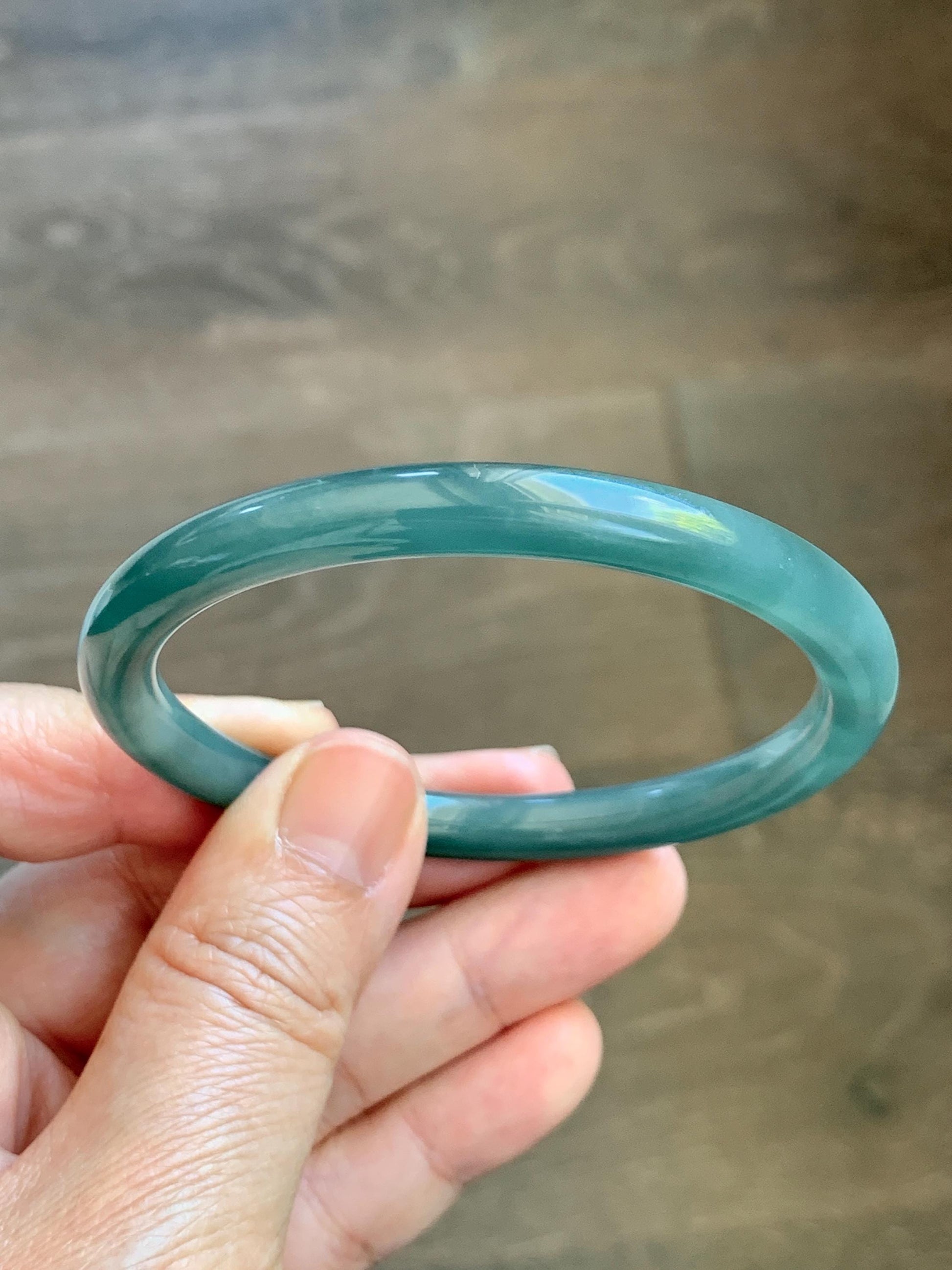 Certified Natural Grade A Guatemalan Icy Translucent Dark Dusty Teal Green Jade Jadeite Bangle Bracelet 56.7mm 7” 24g 天然冰危深蓝绿翡翠圆条手镯 517