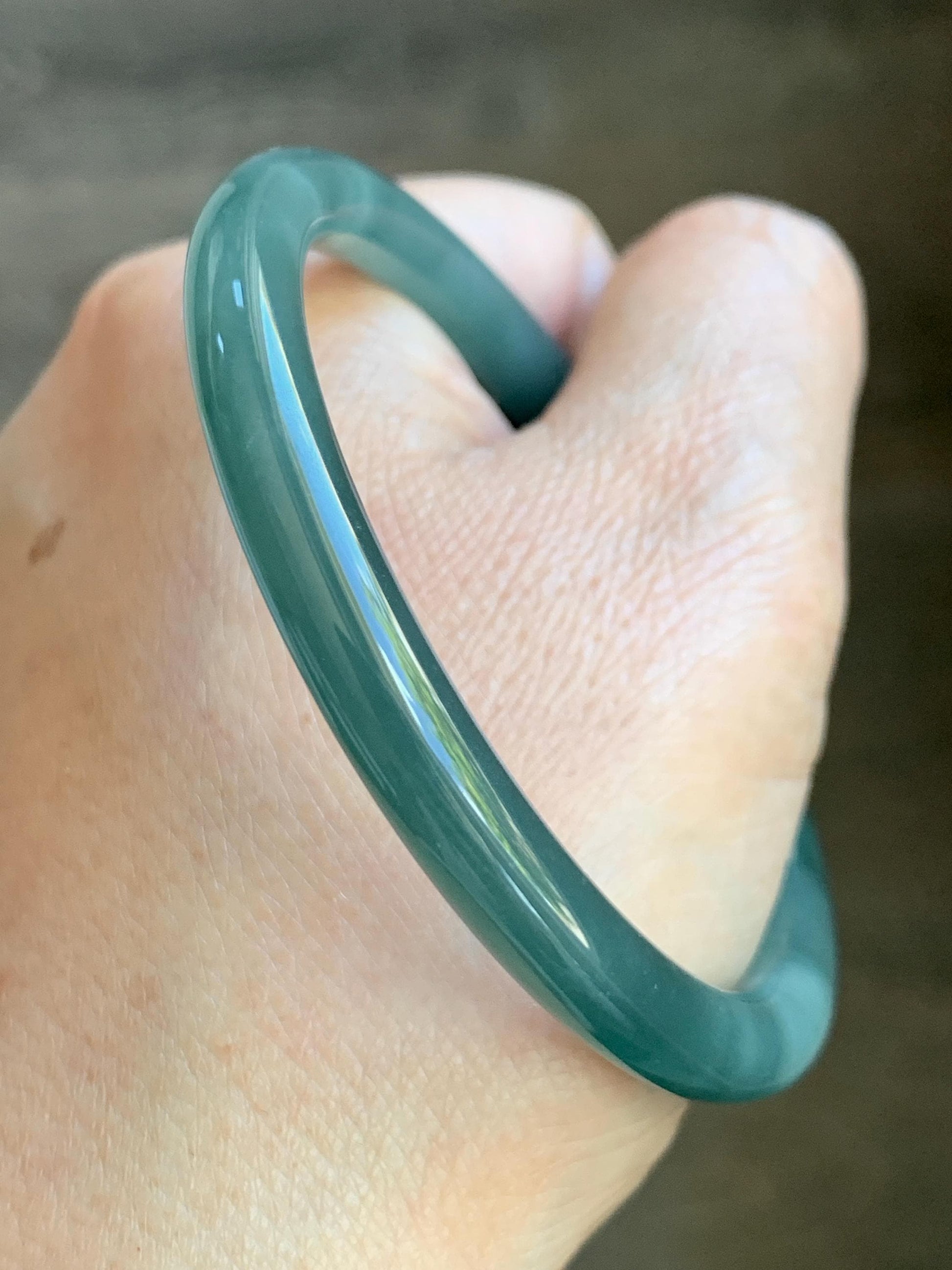 Certified Natural Grade A Guatemalan Icy Translucent Dark Dusty Teal Green Jade Jadeite Bangle Bracelet 56.7mm 7” 24g 天然冰危深蓝绿翡翠圆条手镯 517