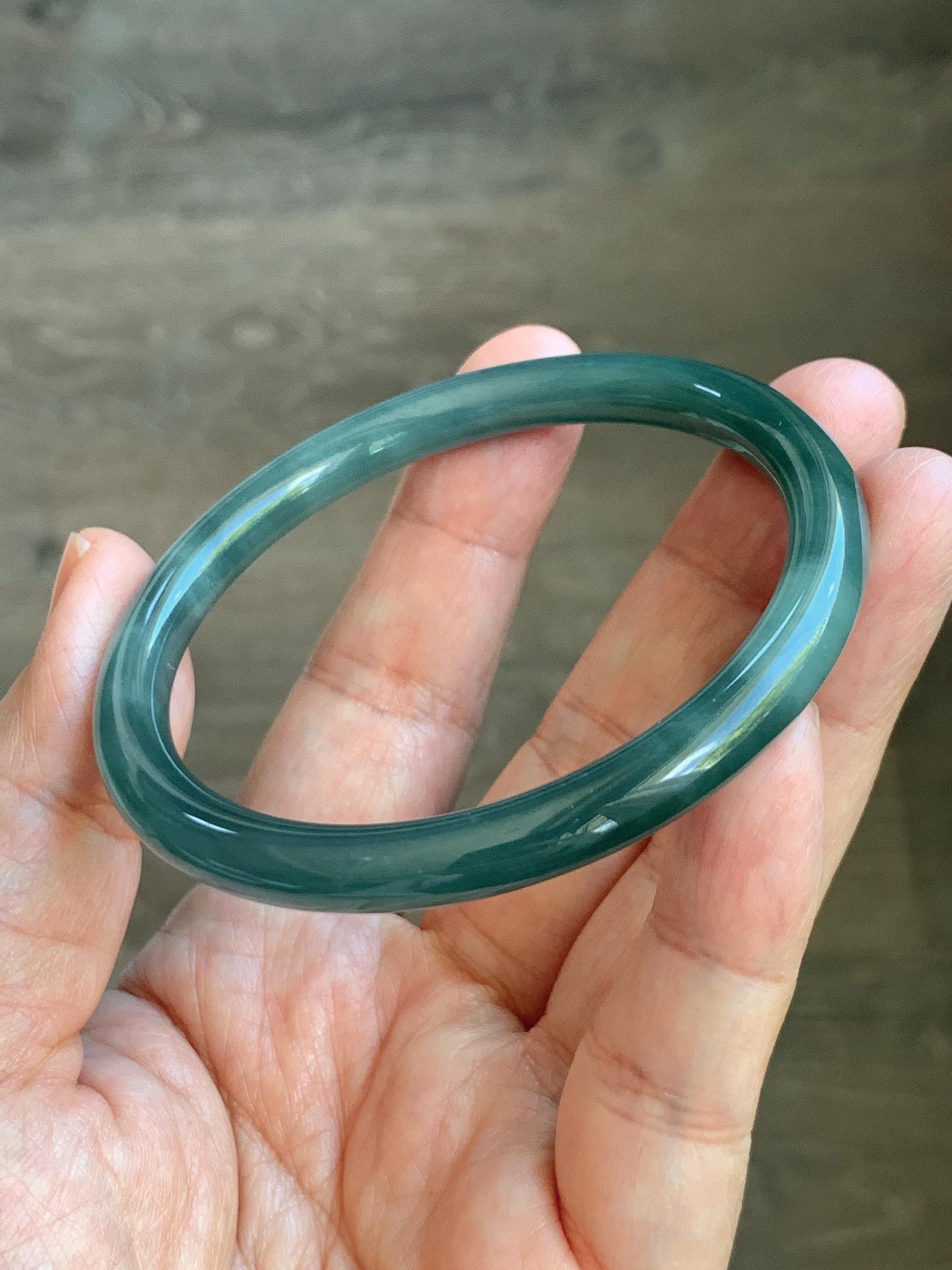 Certified Natural Grade A Guatemalan Icy Translucent Dark Dusty Teal Green Jade Jadeite Bangle Bracelet 56.7mm 7” 24g 天然冰危深蓝绿翡翠圆条手镯 517