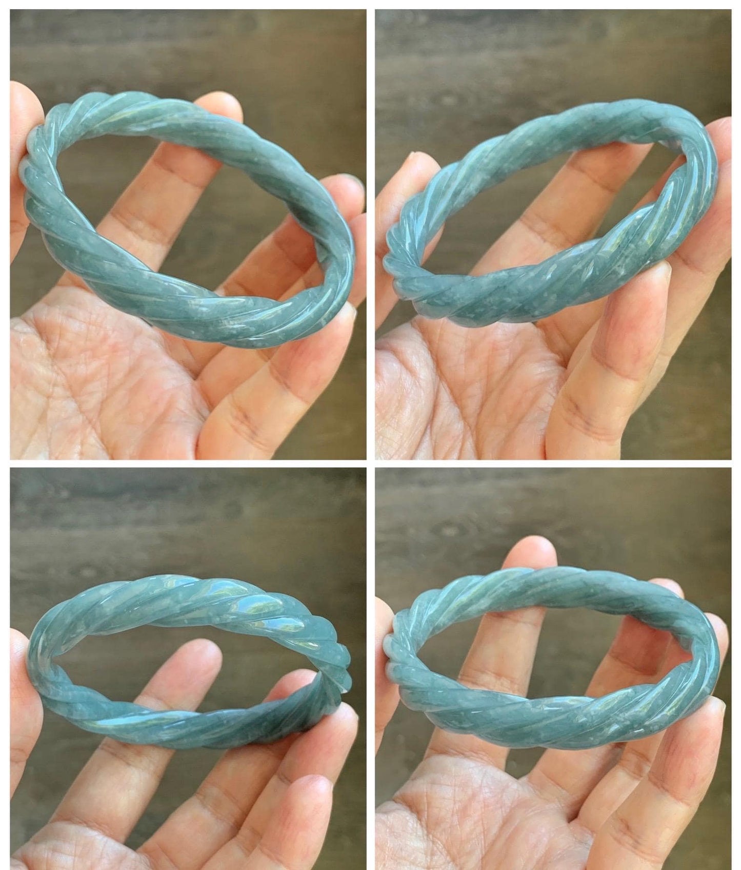 Certified Natural Grade A Guatemalan Icy Translucent Grayish Blue Jade Jadeite Carved Braid Bangle 60.93mm 7.53” 34g 天然冰危淡灰蓝翡翠麻花手镯 489