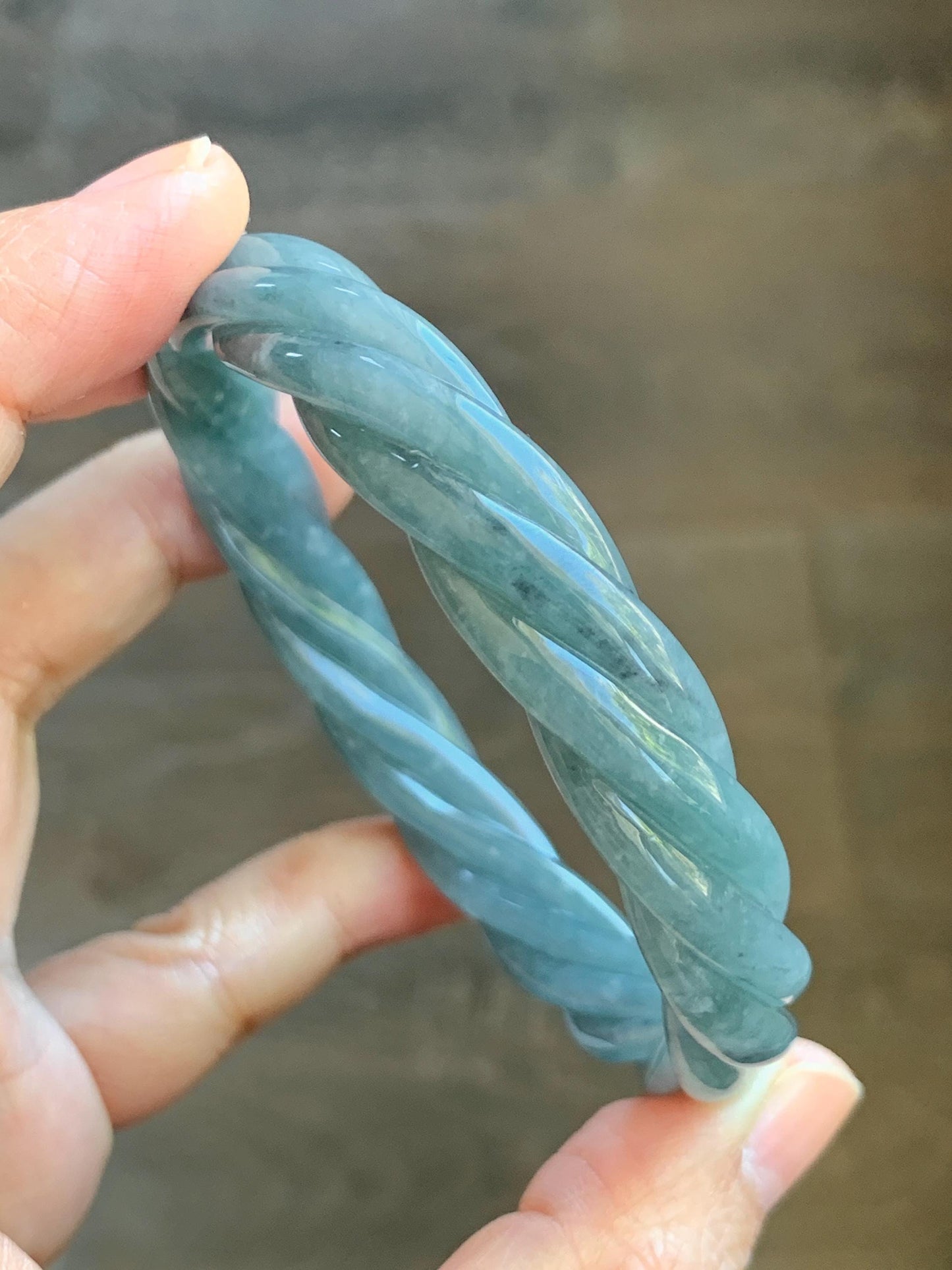 Certified Natural Grade A Guatemalan Icy Translucent Grayish Blue Jade Jadeite Carved Braid Bangle 60.93mm 7.53” 34g 天然冰危淡灰蓝翡翠麻花手镯 489