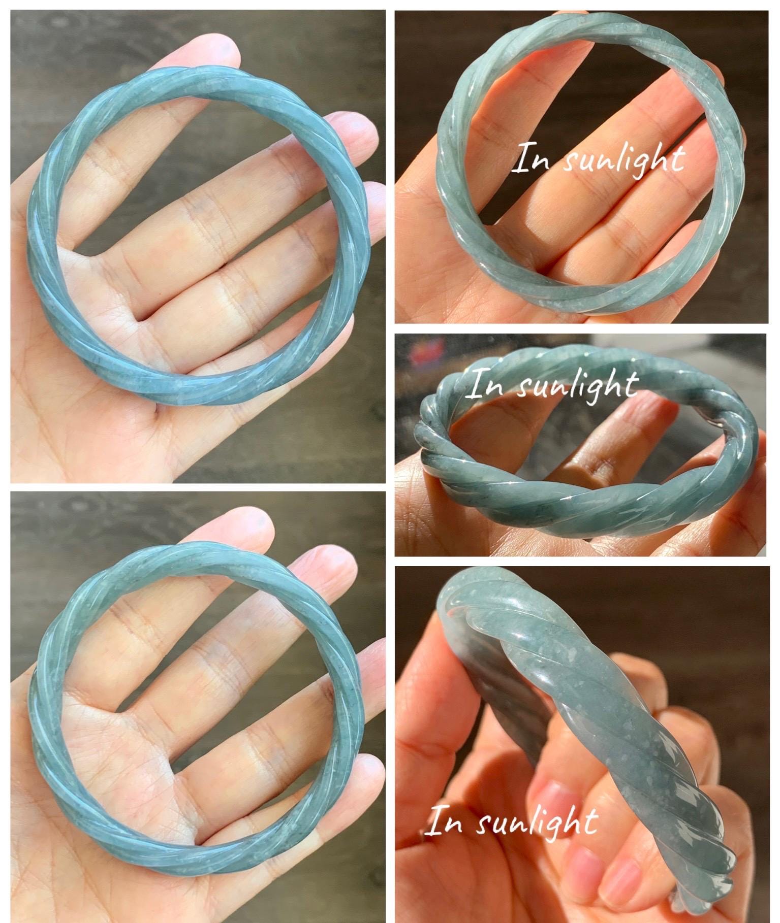 Certified Natural Grade A Guatemalan Icy Translucent Grayish Blue Jade Jadeite Carved Braid Bangle 60.93mm 7.53” 34g 天然冰危淡灰蓝翡翠麻花手镯 489