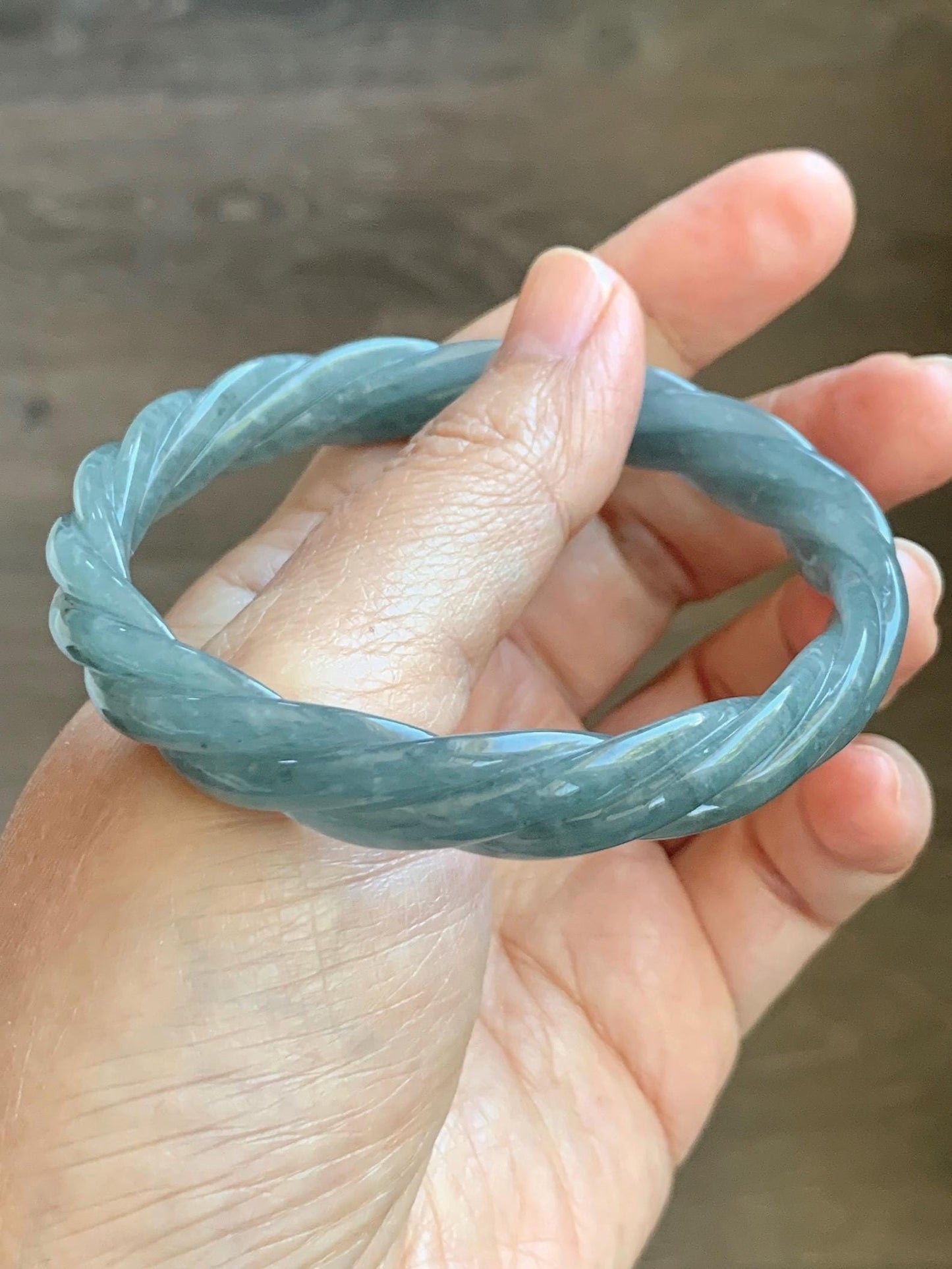 Certified Natural Grade A Guatemalan Icy Translucent Grayish Blue Jade Jadeite Carved Braid Bangle 60.93mm 7.53” 34g 天然冰危淡灰蓝翡翠麻花手镯 489