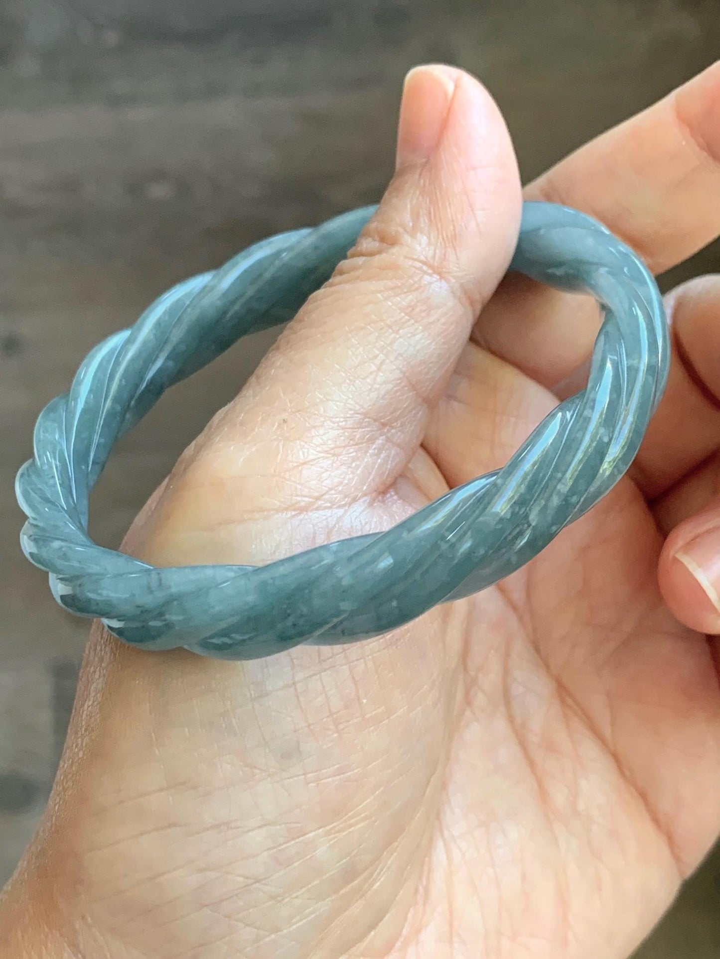 Certified Natural Grade A Guatemalan Icy Translucent Grayish Blue Jade Jadeite Carved Braid Bangle 60.93mm 7.53” 34g 天然冰危淡灰蓝翡翠麻花手镯 489