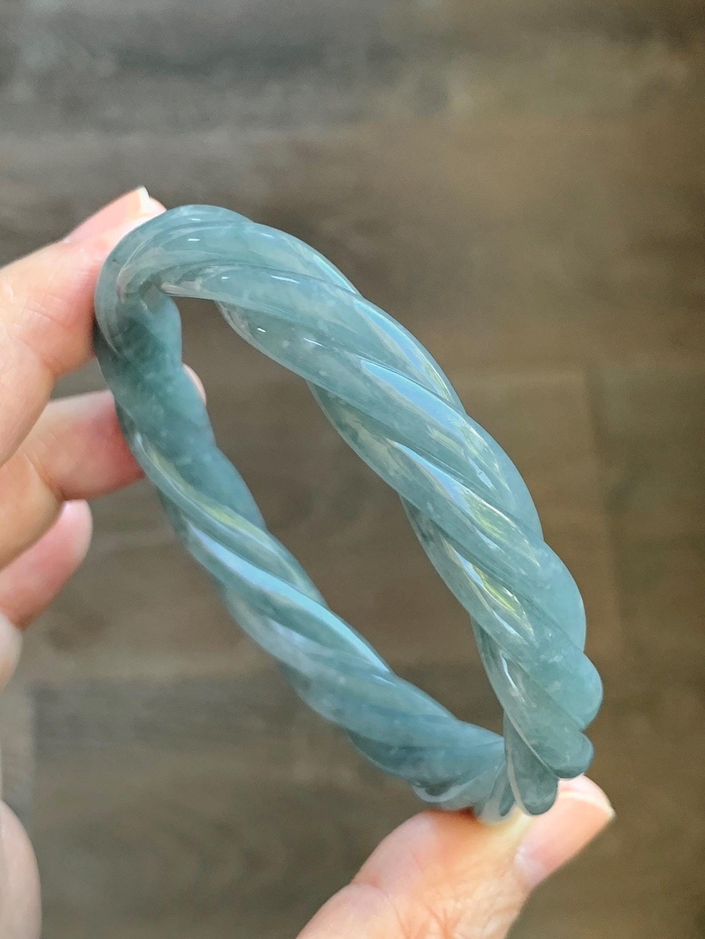 Certified Natural Grade A Guatemalan Icy Translucent Grayish Blue Jade Jadeite Carved Braid Bangle 60.93mm 7.53” 34g 天然冰危淡灰蓝翡翠麻花手镯 489