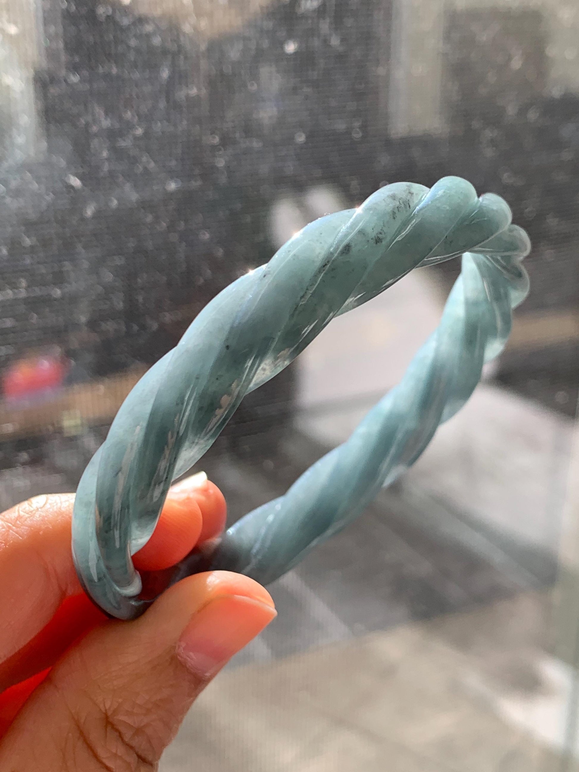 Certified Natural Grade A Guatemalan Icy Translucent Grayish Blue Jade Jadeite Carved Braid Bangle 60.93mm 7.53” 34g 天然冰危淡灰蓝翡翠麻花手镯 489
