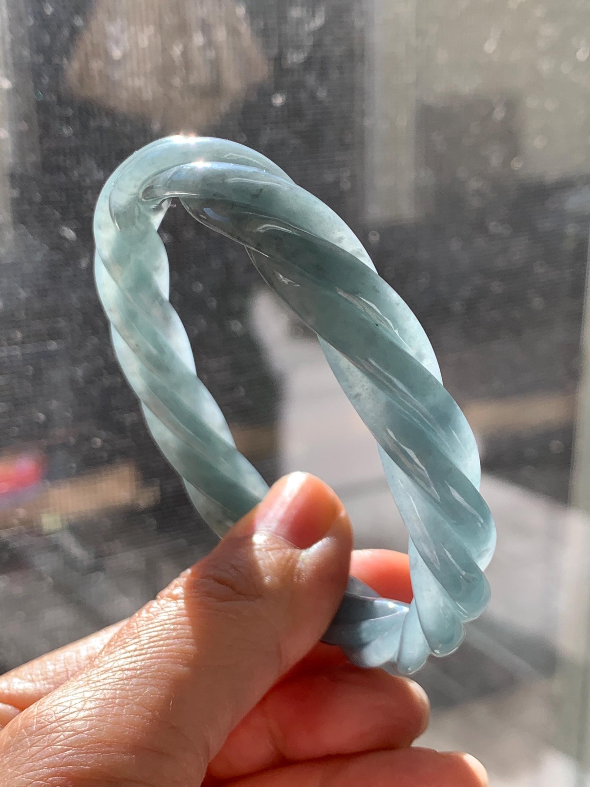 Certified Natural Grade A Guatemalan Icy Translucent Grayish Blue Jade Jadeite Carved Braid Bangle 60.93mm 7.53” 34g 天然冰危淡灰蓝翡翠麻花手镯 489
