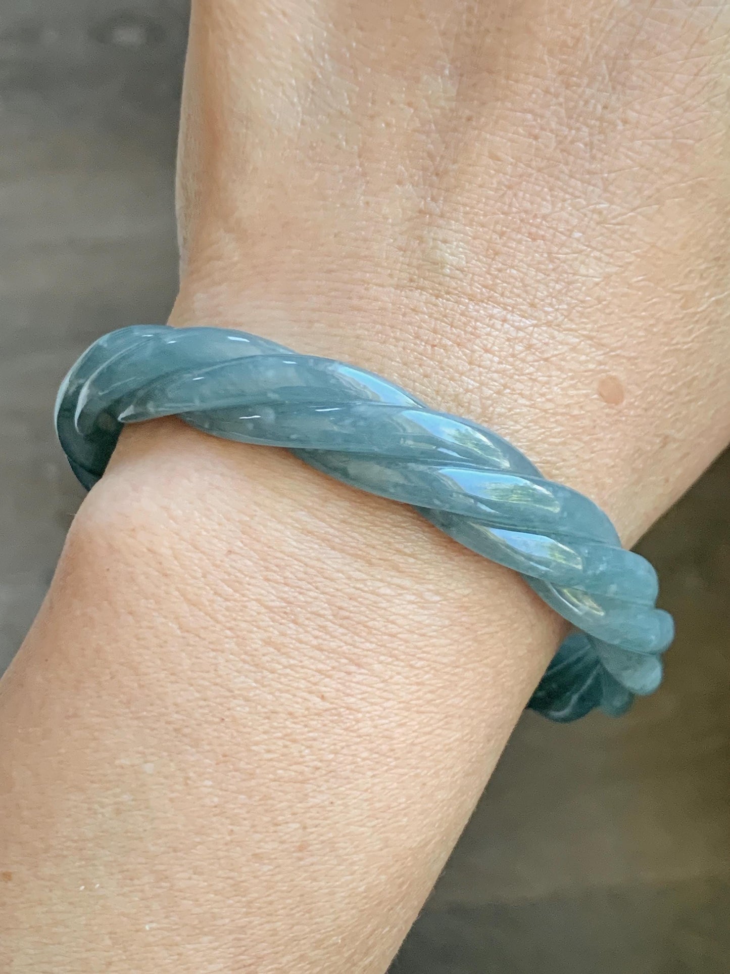 Certified Natural Grade A Guatemalan Icy Translucent Grayish Blue Jade Jadeite Carved Braid Bangle 60.93mm 7.53” 34g 天然冰危淡灰蓝翡翠麻花手镯 489