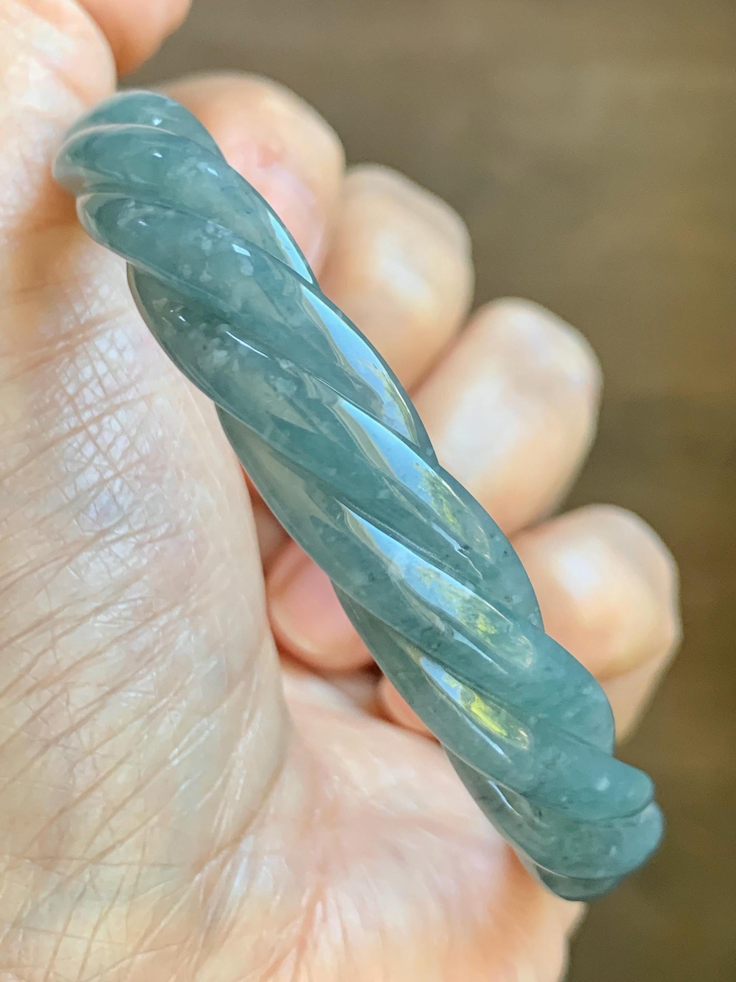 Certified Natural Grade A Guatemalan Icy Translucent Grayish Blue Jade Jadeite Carved Braid Bangle 60.93mm 7.53” 34g 天然冰危淡灰蓝翡翠麻花手镯 489