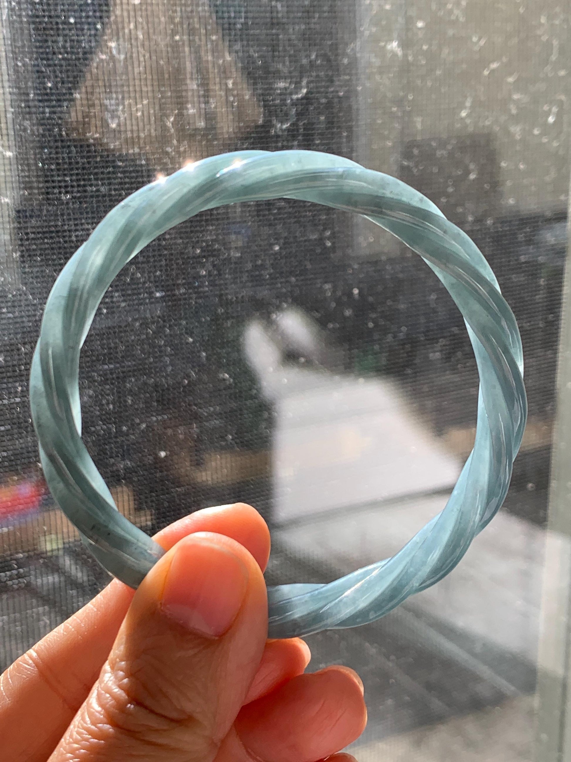 Certified Natural Grade A Guatemalan Icy Translucent Grayish Blue Jade Jadeite Carved Braid Bangle 60.93mm 7.53” 34g 天然冰危淡灰蓝翡翠麻花手镯 489